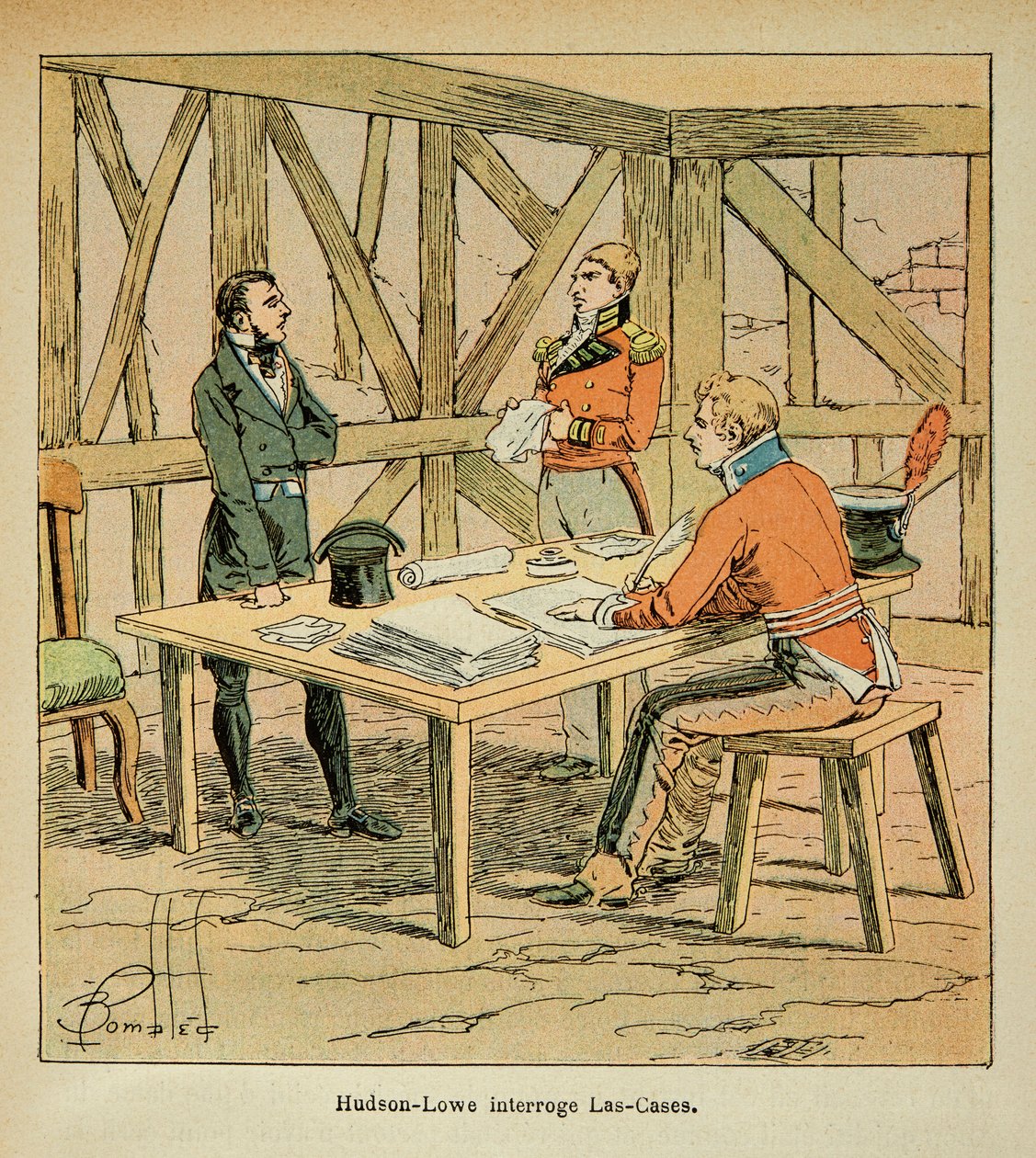 Ilustração de Bombled Louis (1862-1927) do Conde Emmanuel de Las Cases (1766-1842): Governador Hudson Lowe (1769-1844) questiona Las Cases, Coleção Privada de Louis Charles Bombled