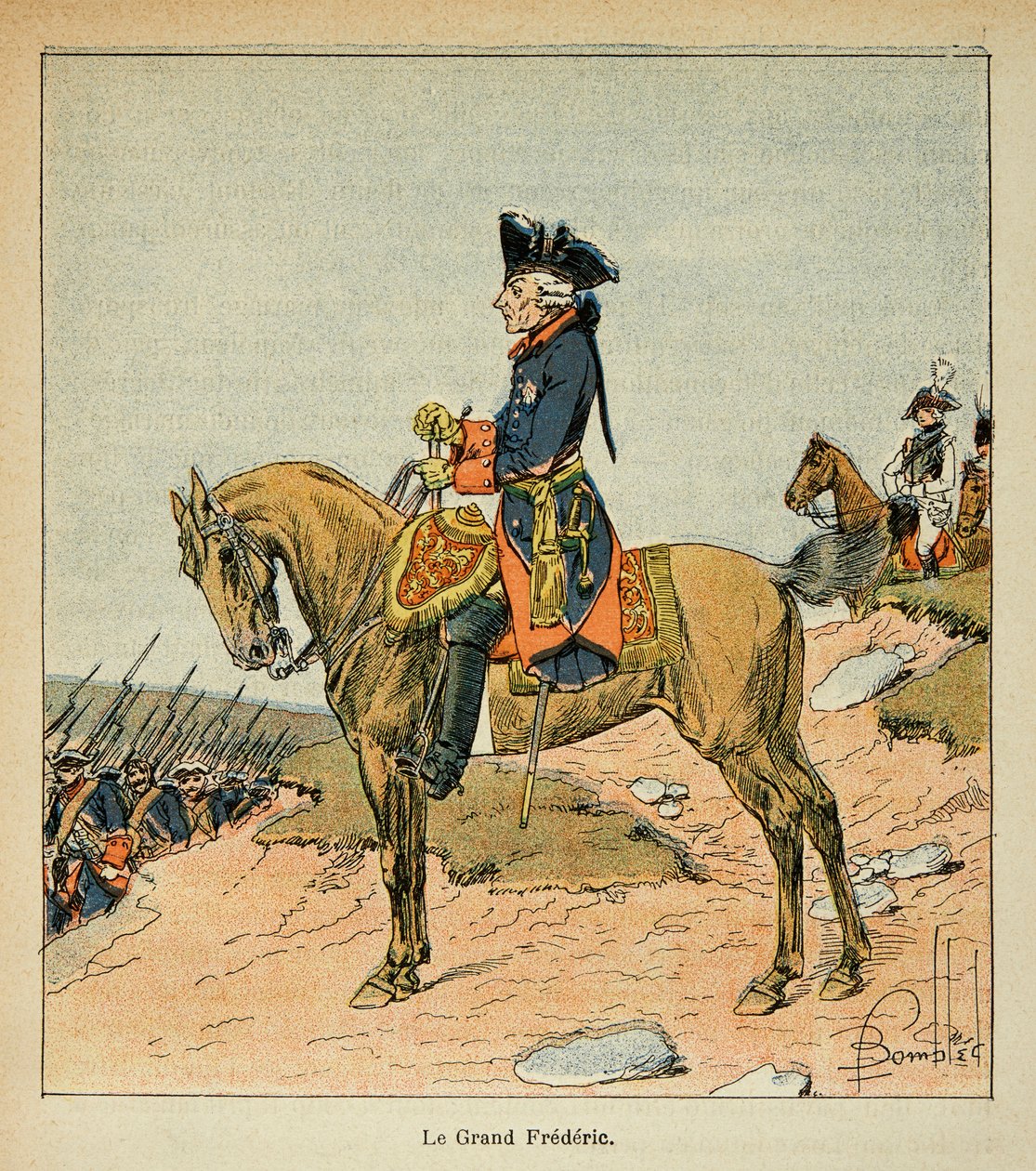 Ilustração de Bombled Louis (1862-1927) do livro "The Memorial Se Sainte Helene" do Conde Emmanuel de Las Cases (1766-1842): Retrato Equestre do Frederico II da Prússia chamado Grande Frederico (1712 - 1786), Coleção Particular de Louis Charles Bombled