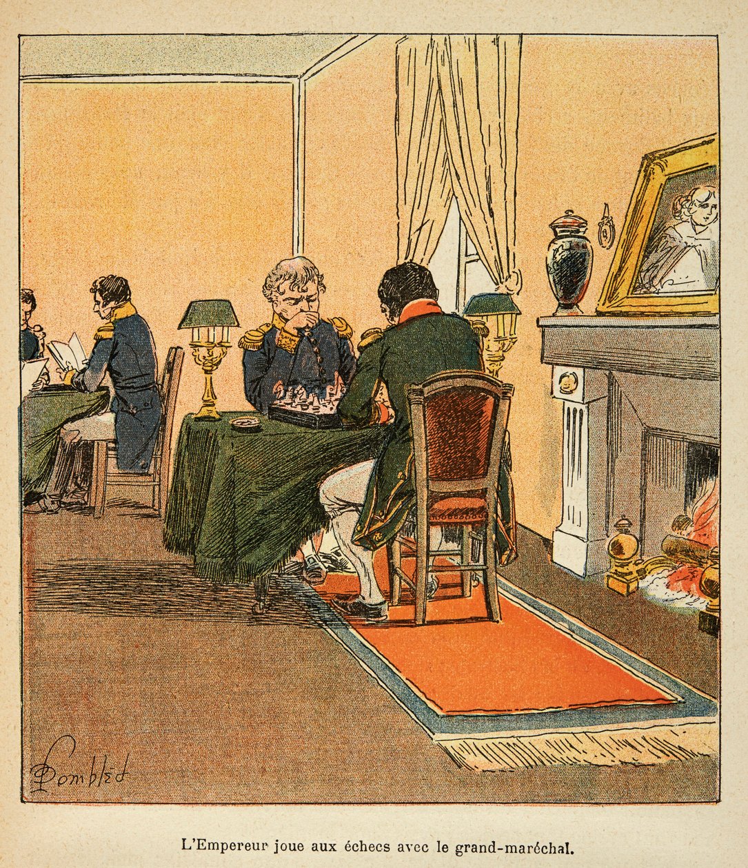 Ilustração de Bombled Louis (1862-1927) do livro "O Memorial de Santa Helena" do Conde Emmanuel de Las Cases (1766-1842): Napoleão e o Grande Marechal Henri Gatien Bertrand (1773-1844) jogando xadrez em agosto de 1816 em Ste Helene, Coleção Privada de Louis Charles Bombled