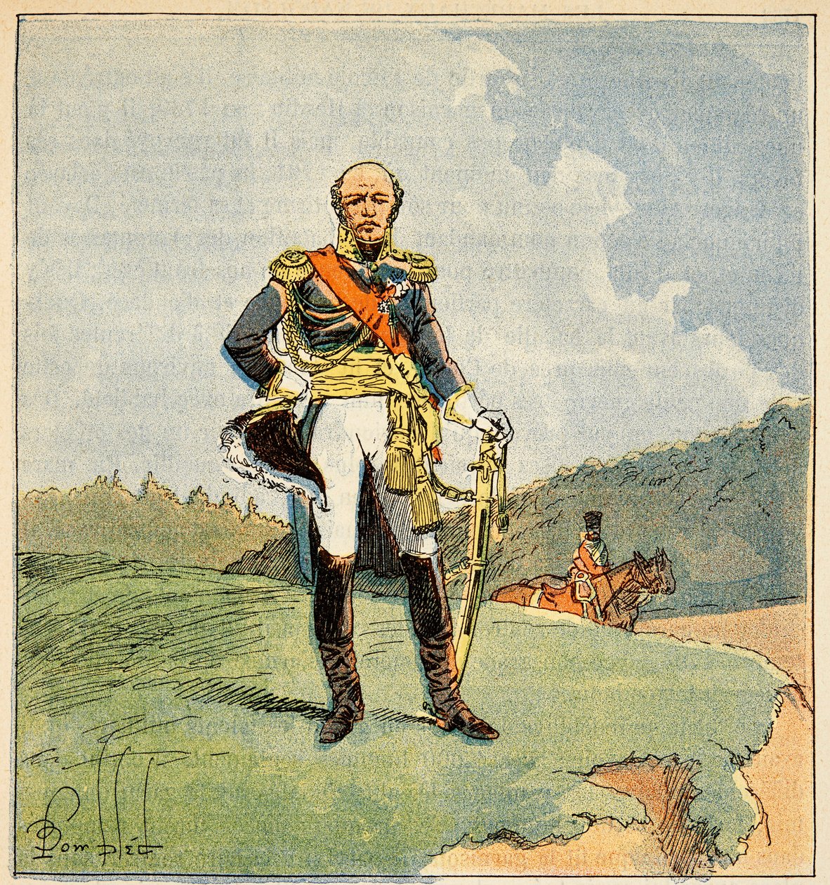Ilustração de Bombled Louis (1862-1927) do livro "O Memorial de Santa Helena" do Conde Emmanuel de Las Cases (1766-1842): Retrato de Marechal Louis Nicolas Davout (1777-1823), Duque de Auerstaedt, Príncipe de Eckmuhl, Coleção Particular de Louis Charles Bombled