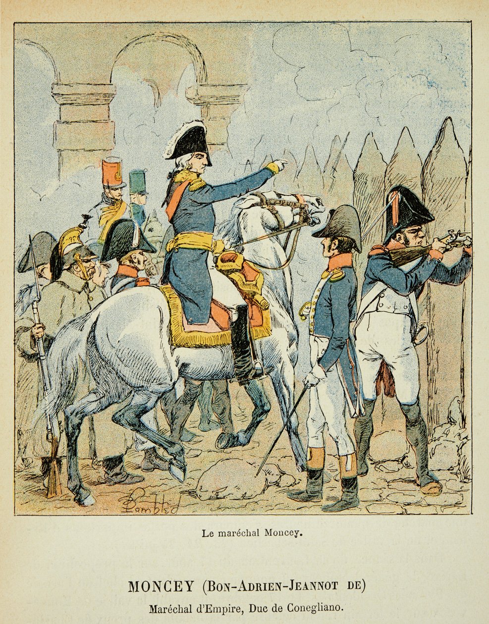 Ilustração de Bombled Louis (1862-1927) do livro "O Memorial de Santa Helena" do Conde Emmanuel de Las Cases (1766-1842): O Marechal Bon Adrien Jeannot de Moncey (1754-1842), Duque de Conegliano, Coleção Particular de Louis Charles Bombled
