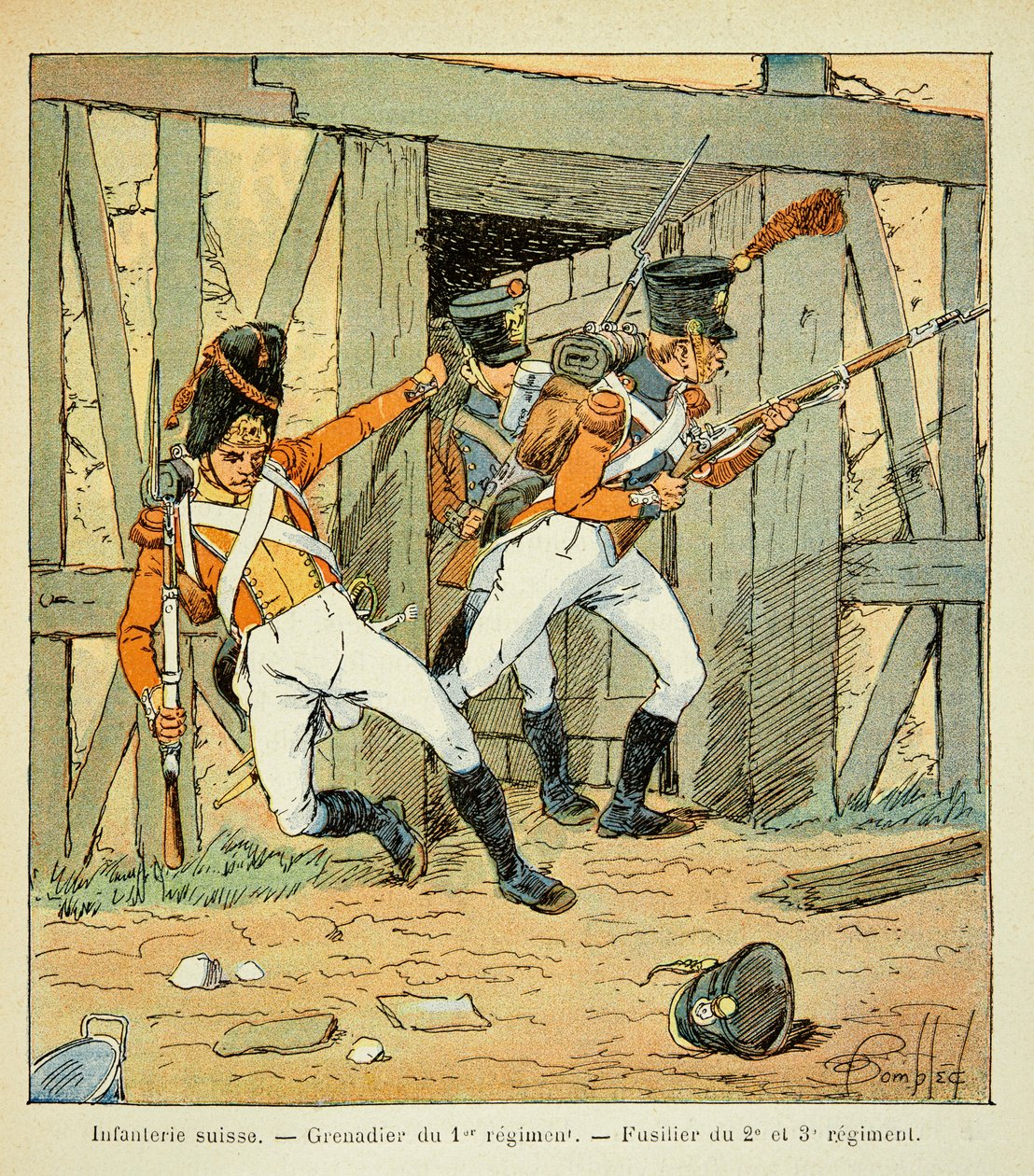 Ilustração de Bombled Louis (1862-1927) do livro "O Memorial de Santa Helena" do Conde Emmanuel de Las Cases (1766-1842): Infantaria Suíça: Granadeiro do 1º regimento e Fusilier do 2º, 3º e 3º regimento, Coleção Privada de Louis Charles Bombled