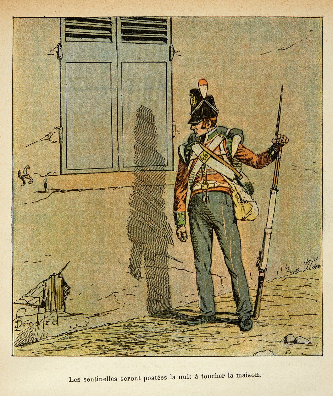 Ilustração de Bombled Louis (1862-1927) do livro "O Memorial de Santa Helena" do Conde Emmanuel de Las Cases (1766-1842): Sentinela inglesa estacionada perto da Casa do Imperador em Santa Helena, Coleção Particular de Louis Charles Bombled