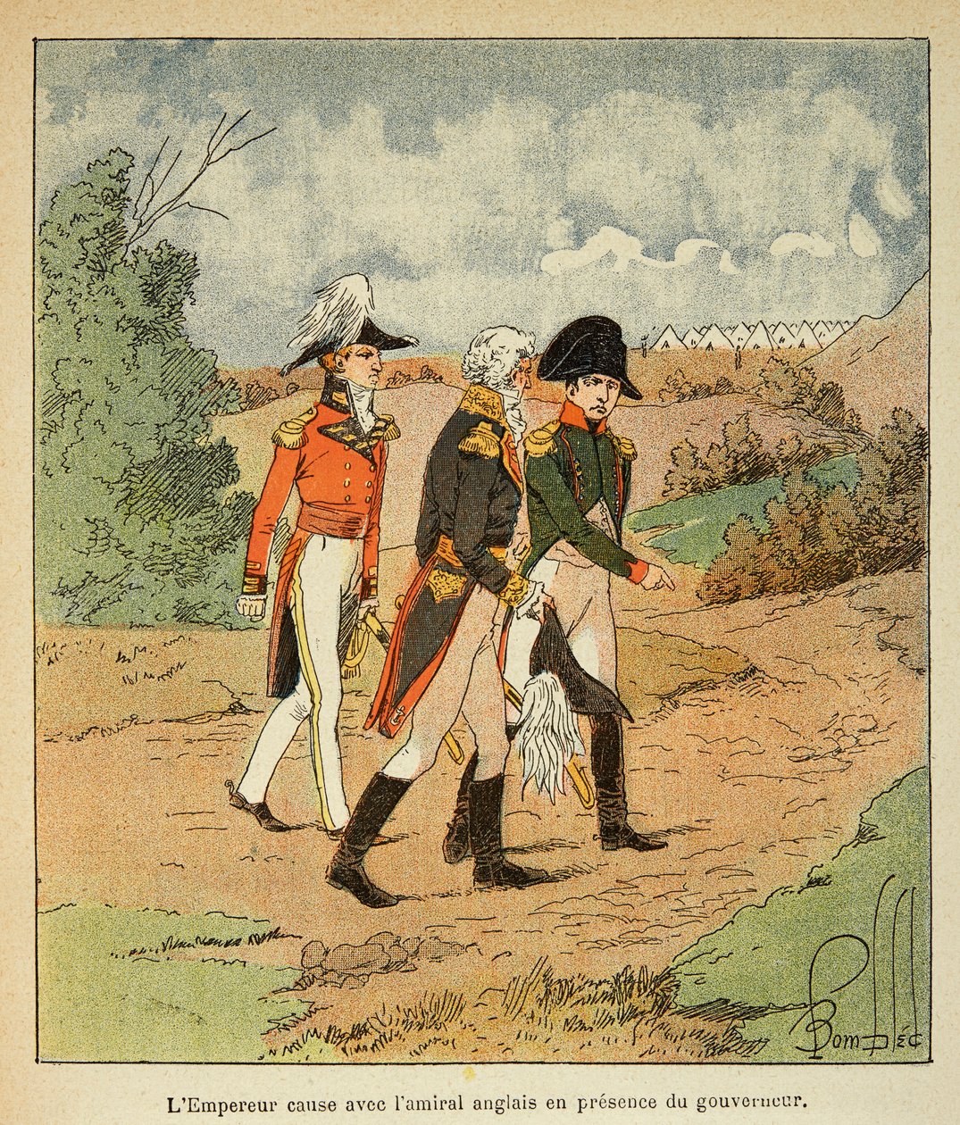 Ilustração de Bombled Louis (1862-1927) do livro "O Memorial de Santa Helena" do Conde Emmanuel de Las Cases (1766-1842): Conversa entre Napoleão, o Governador Hudson Mowe e o Almirante inglês Cockburn em agosto de 1816 em Ste Helene, Private Co de Louis Charles Bombled