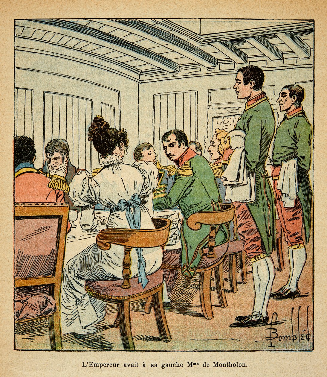Ilustração de Bombled Louis (1862-1927) do livro "O Memorial de Santa Helena" do Conde Emmanuel de Las Cases (1766-1842): Jantar do Imperador Napoleão a bordo do Northumberland, a caminho de Santa Helena, com a Sra. De Montholon à sua esquerda, Soldado de Louis Charles Bombled