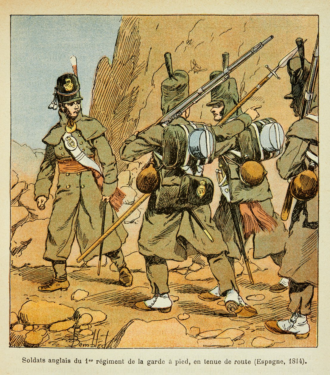 Ilustração de Bombled Louis (1862-1927) do livro "O Memorial de Santa Helena" do Conde Emmanuel de Las Cases (1766-1842): Soldados Ingleses do 1º Regimento da Guarda em uma bancada (Espanha 1814), Coleção Particular de Louis Charles Bombled