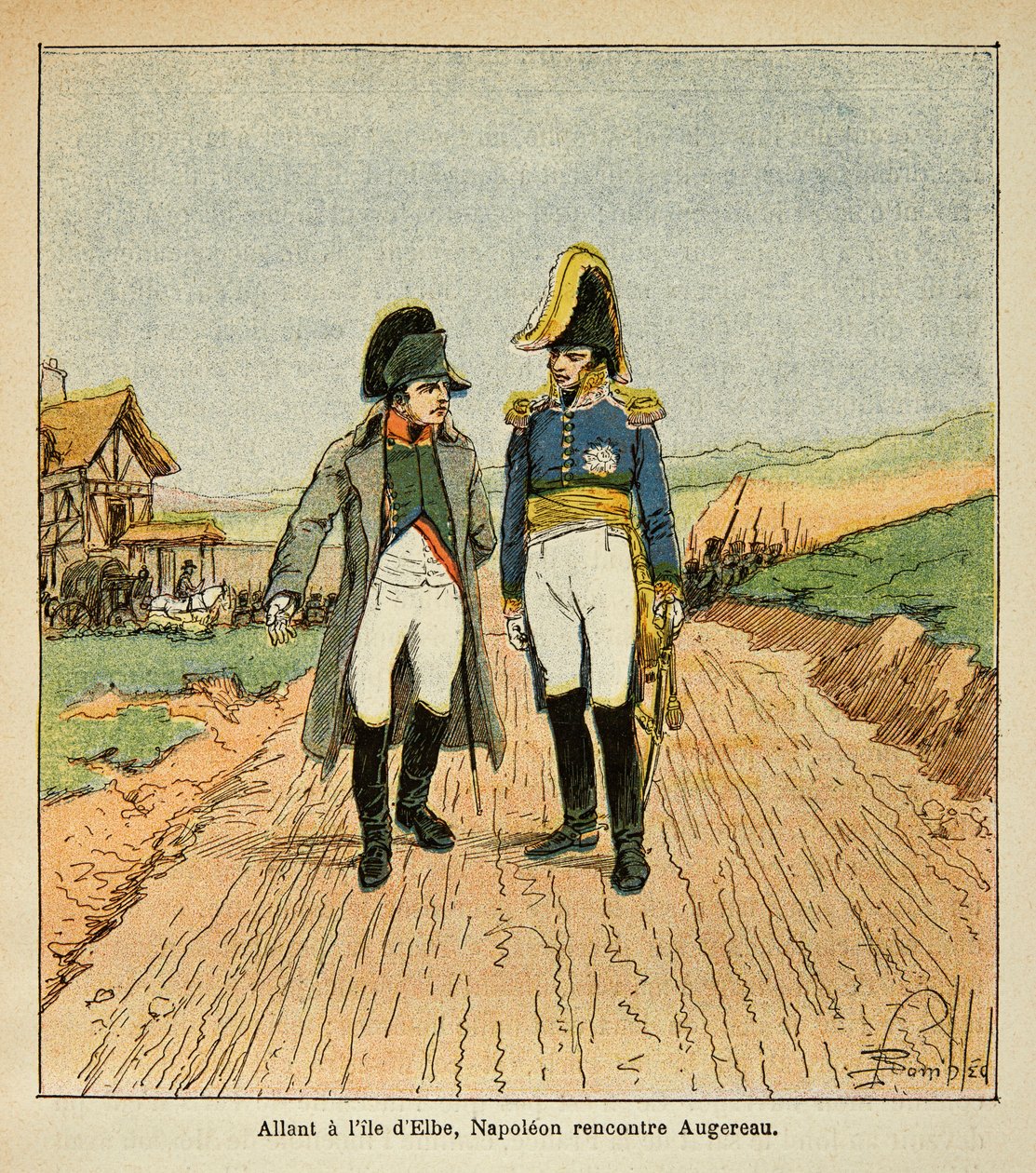 Ilustração de Bombled Louis (1862-1927) do livro "O Memorial de Santa Helena" do Conde Emmanuel de Las Cases (1766-1842): No caminho para a ilha de Elba, Napoleão encontra Augereau, Coleção Particular de Louis Charles Bombled