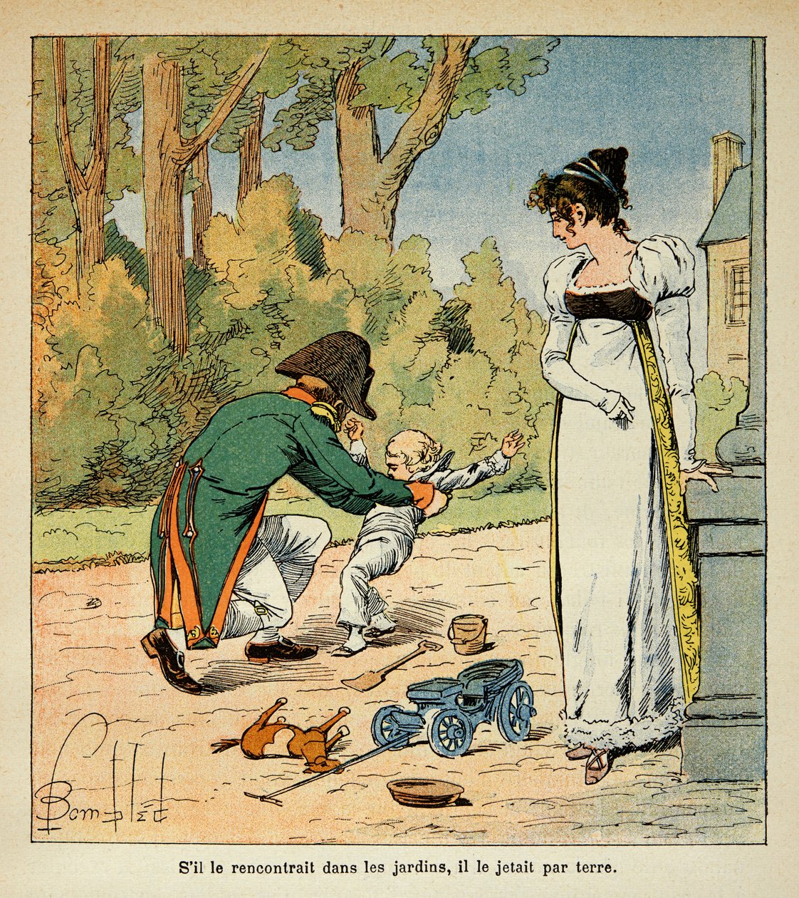 Ilustração de Bombled Louis (1862-1927) do livro "O Memorial de Santa Helena" do Conde Emmanuel de Las Cases (1766-1842): Napoleão brincando com seu filho na presença de Marie Louise, Coleção Particular de Louis Charles Bombled