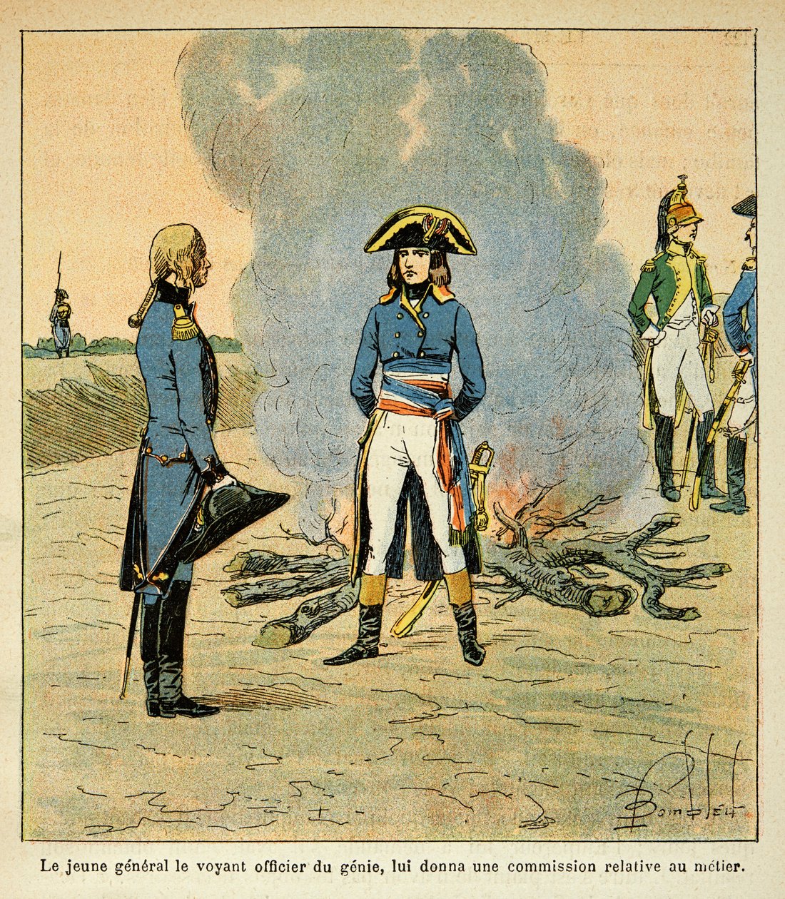 Ilustração de Bombled Louis (1862-1927) do livro "O Memorial de Santa Helena" do Conde Emmanuel de Las Cases (1766-1842): primeiro encontro entre Bonaparte e marechal Henri Gatien Bertrand (1773-1844), depois oficial do génio no exército da Itália de Louis Charles Bombled