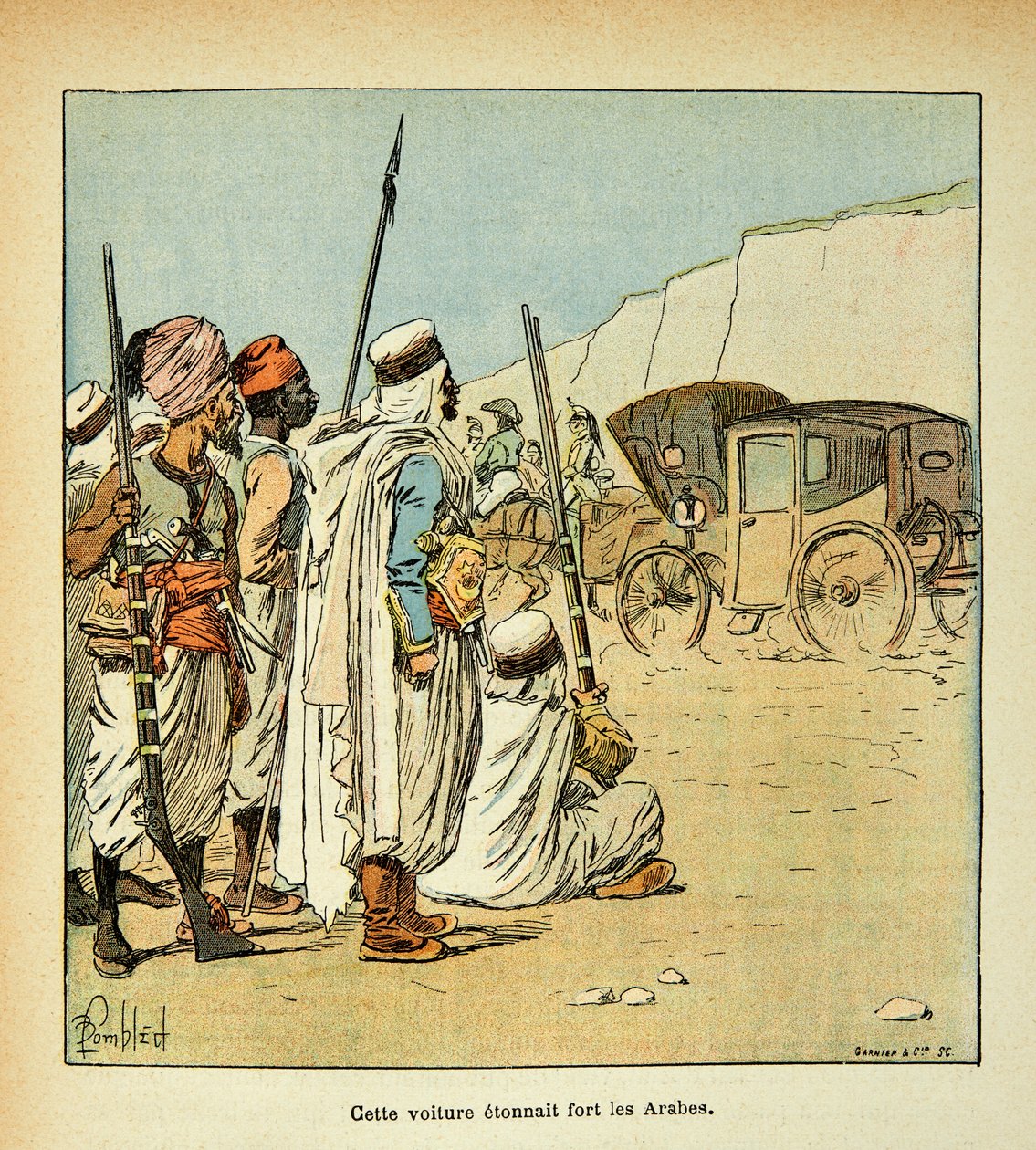 Ilustração de Bombled Louis (1862-1927) do livro "O Memorial de Santa Helena" do Conde Emmanuel de Las Cases (1766-1842): Expedição ao Egipto. Egípcios surpreendidos por tripulações francesas, Coleção Privada de Louis Charles Bombled