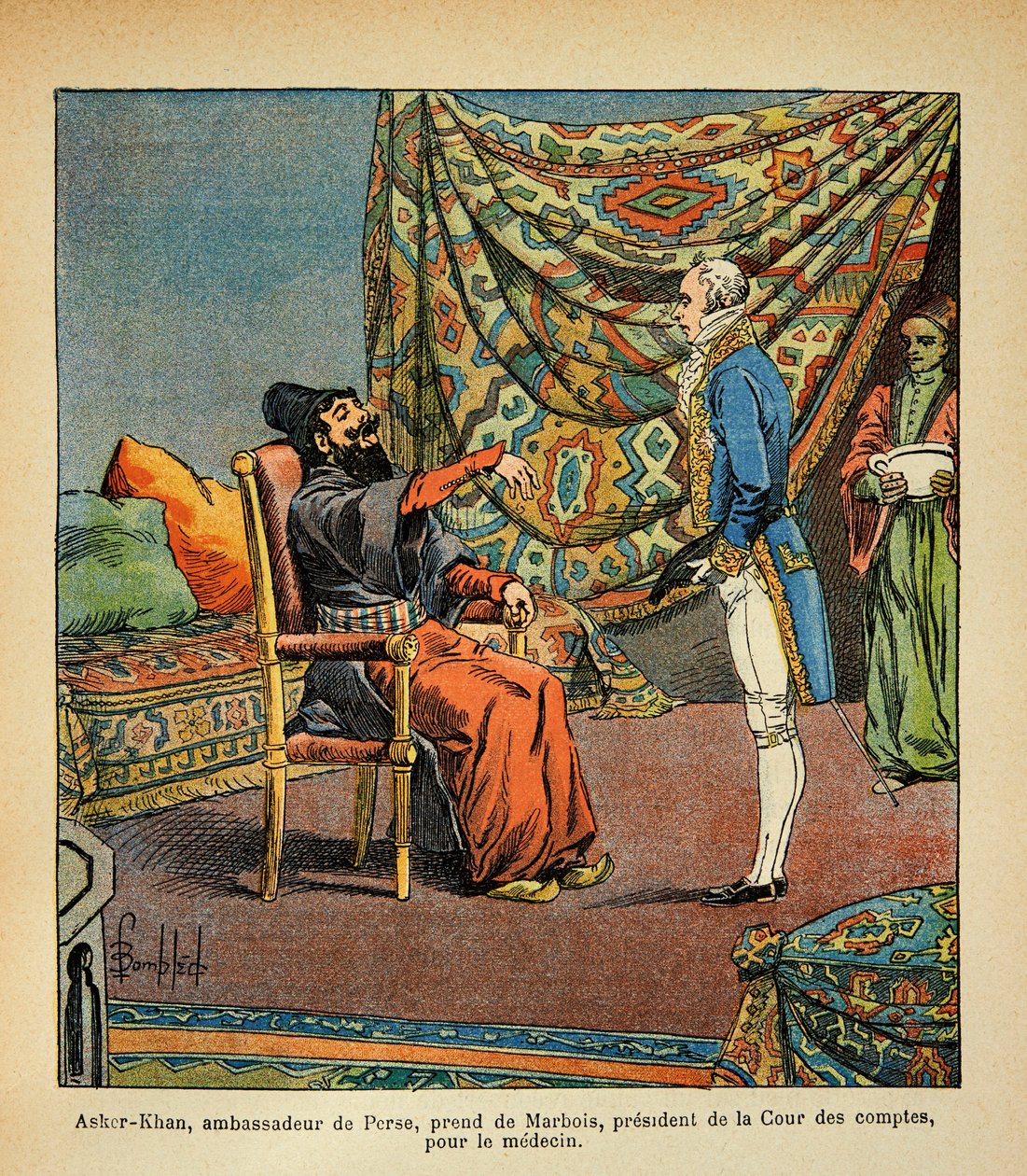Ilustração de Bombled Louis (1862-1927) do livro "O Memorial de Santa Helena" do Conde Emmanuel de Las Cases (1766-1842): O embaixador persa, Asker - Khan, em visita a Paris, leva Francois Barbe-Marbois (Barbe Marbois) (1745-1837), presidente de Louis Charles Bombled
