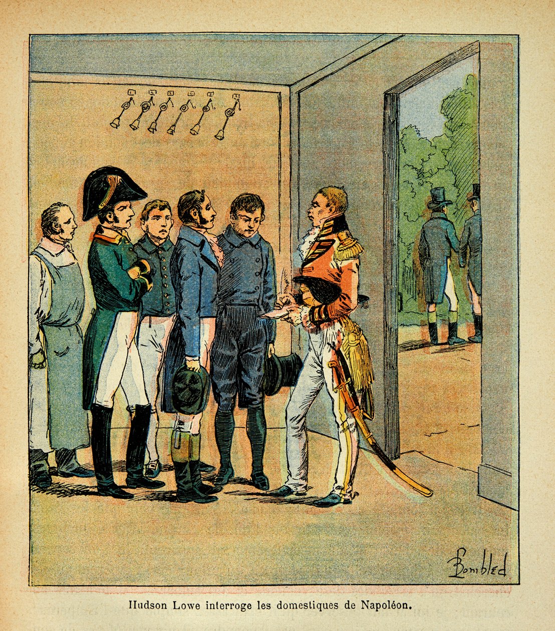 Ilustração de Bombled Louis (1862-1927) do livro "O Memorial de Santa Helena" do Conde Emmanuel de Las Cases (1766-1842): O Governador Hudson Lowe (1769-1844) questiona os servos do Imperador Napoleão, Coleção Privada de Louis Charles Bombled