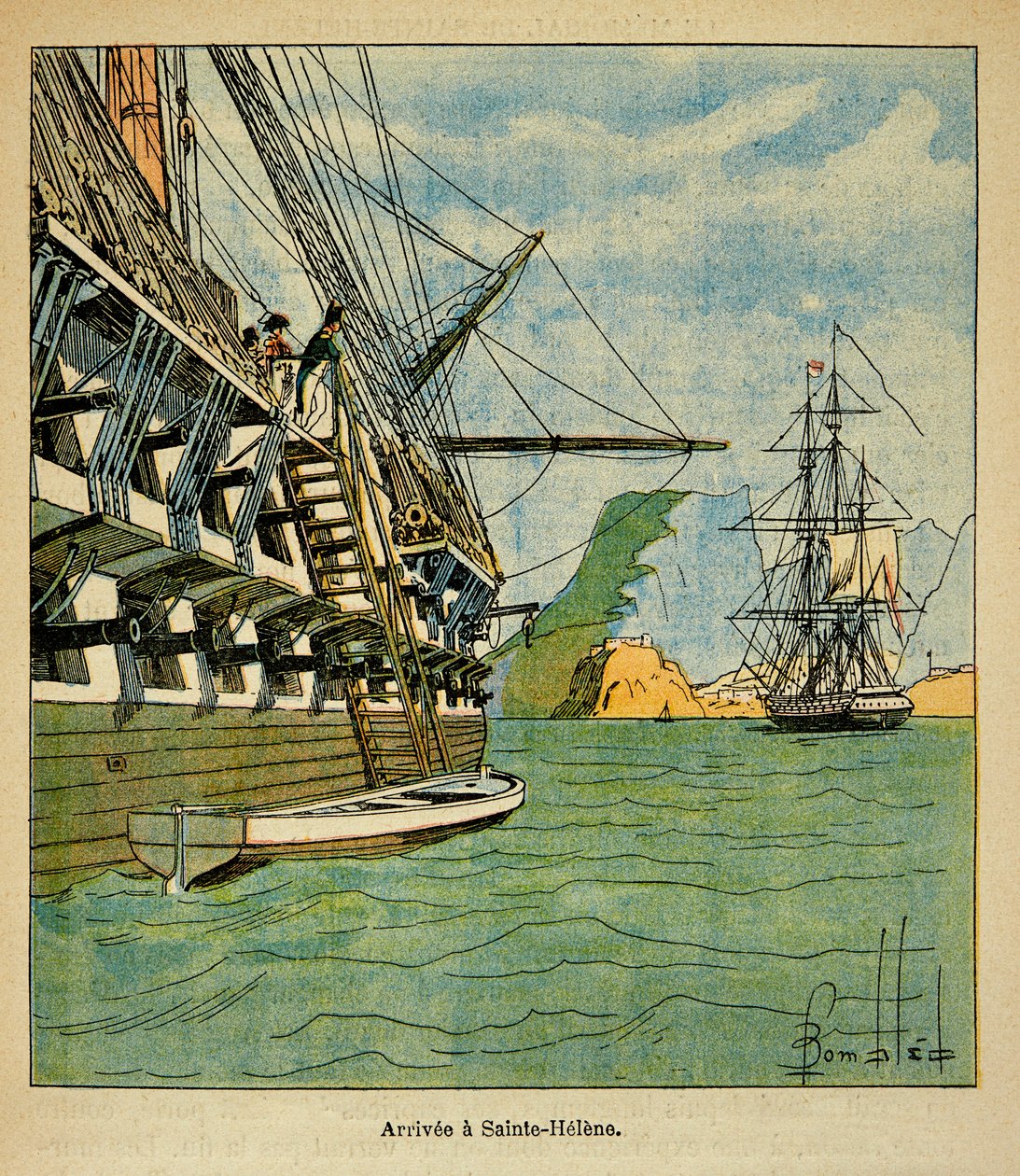 Ilustração de Bombled Louis (1862-1927) do livro "O Memorial de Santa Helena" do Conde Emmanuel de Las Cases (1766-1842): Chegada de Napoleão a Sainte Helene em 15 de outubro de Louis Charles Bombled