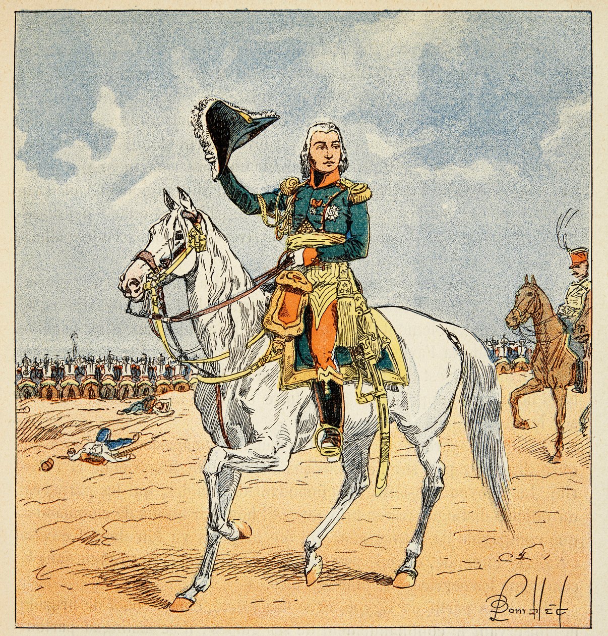 Ilustração de Bombled Louis (1862-1927) do livro "O Memorial de Santa Helena" do Conde Emmanuel de Las Cases (1766-1842): Retrato equestre do marechal Jean Baptiste Bessieres (1768-1813), Duque de Ístria, Coleção Particular de Louis Charles Bombled