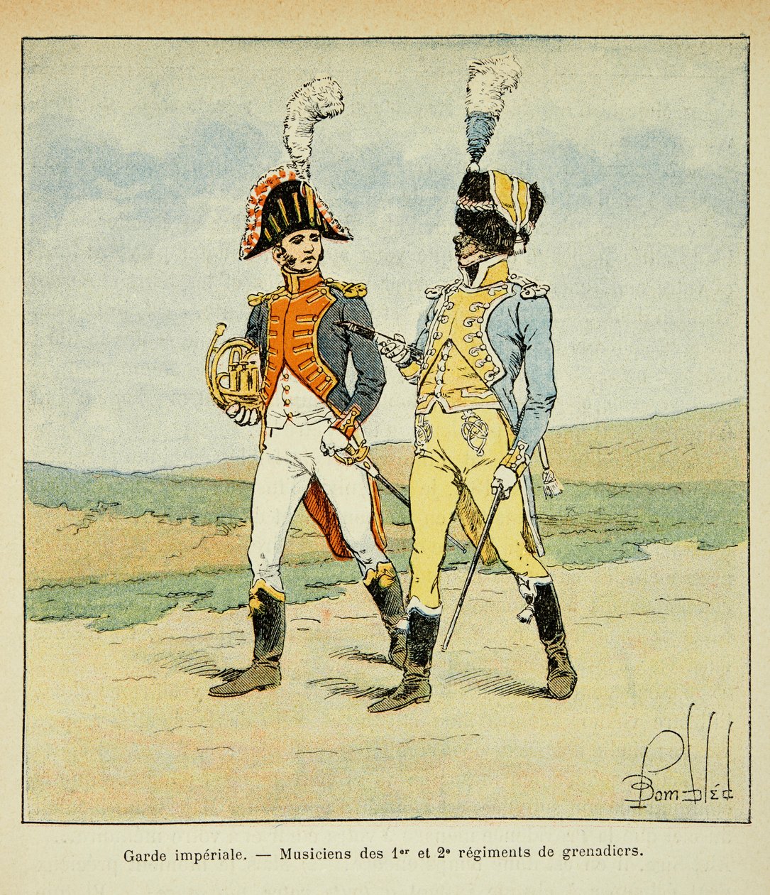 Ilustração de Bombled Louis (1862-1927) do livro "O Memorial de Santa Helena" do Conde Emmanuel de Las Cases (1766-1842): A Guarda Imperial: Músicos do 1º e 2º regimento de grenadiers, Coleção Particular de Louis Charles Bombled