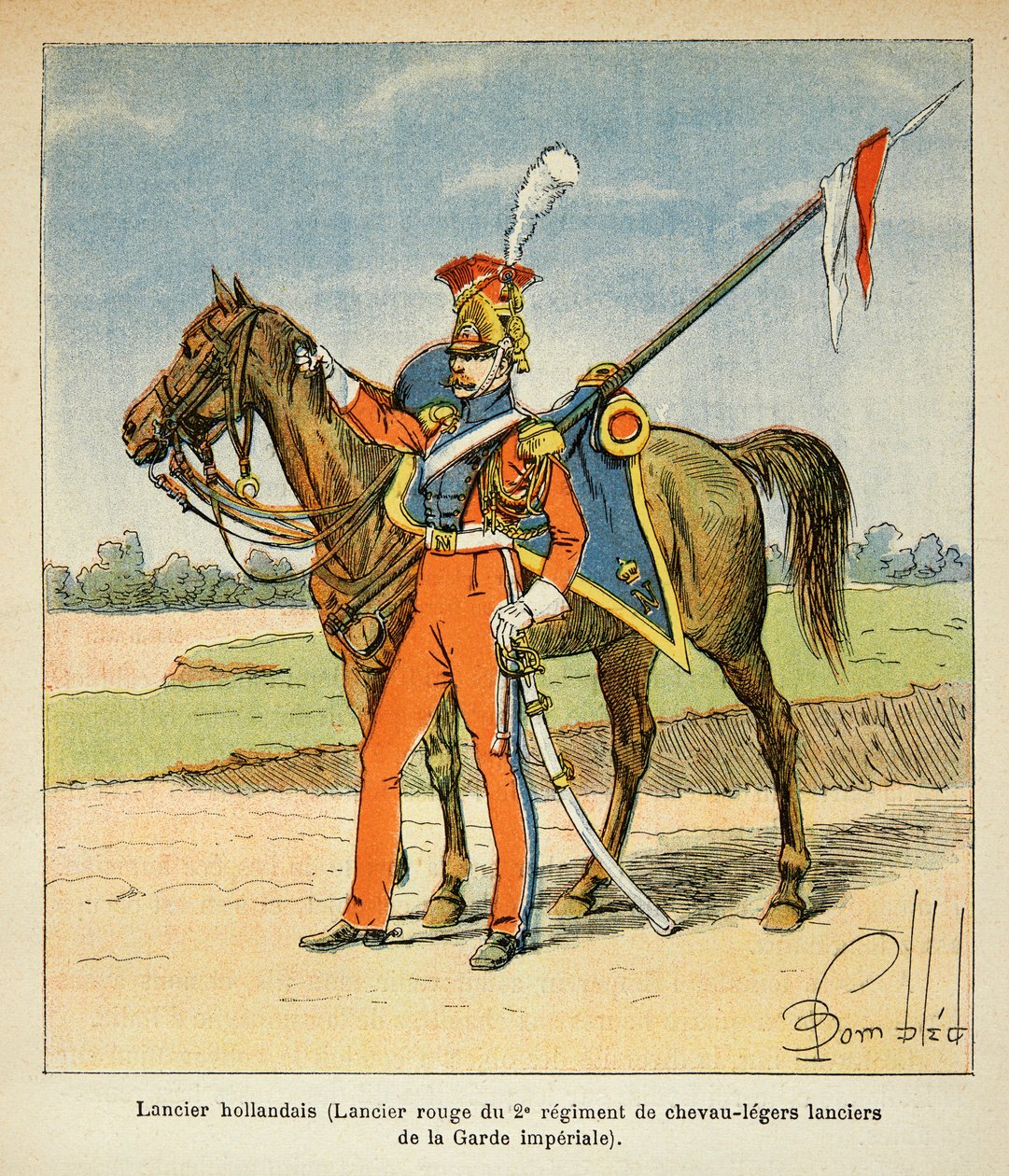 Ilustração de Bombled Louis (1862-1927) do livro "O Memorial de Santa Helena" do Conde Emmanuel de Las Cases (1766-1842): Retrato de um Lanceiro Holandês (Lanceiro Vermelho do 2º, o regimento de cavalos leves da Guarda Imperial), Coleção Particular de Louis Charles Bombled