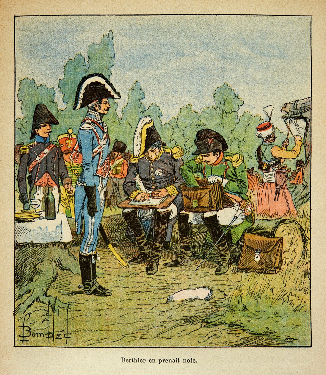 Ilustração de Bombled Louis (1862-1927) do livro "O Memorial de Santa Helena" do Conde Emmanuel de Las Cases (1766-1842): O marechal Louis Alexandre Berthier (1753-1815) anota as ordens de Napoleão, Coleção Parcial de Louis Charles Bombled