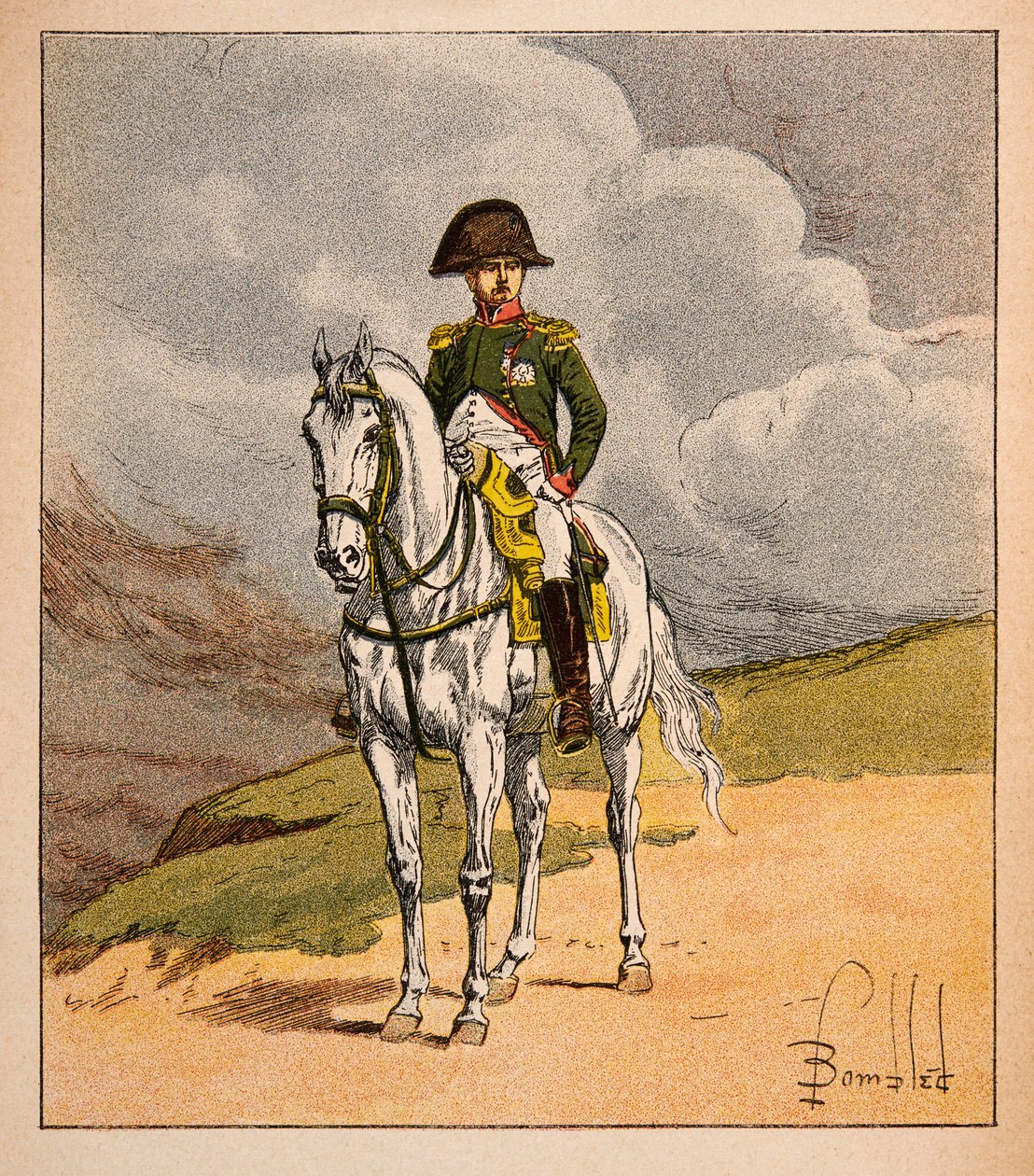 Ilustração de Bombled Louis (1862-1927) do livro "O Memorial de Santa Helena" do Conde Emmanuel de Las Cases (1766-1842): Retrato Equestre do Imperador Napoleão 1.er, Coleção Particular de Louis Charles Bombled