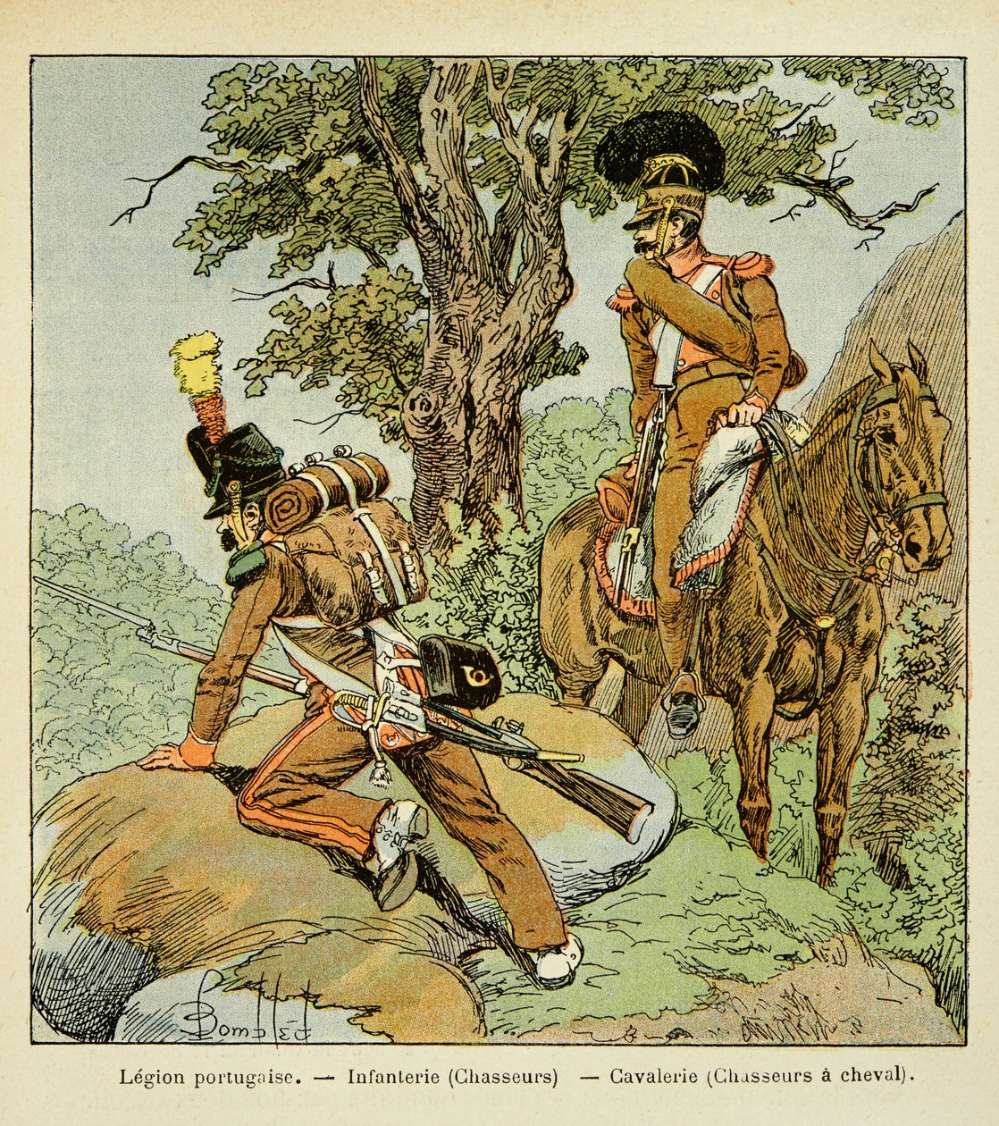 Ilustração de Bombled Louis (1862-1927) do livro "O Memorial de Santa Helena" do Conde Emmanuel de Las Cases (1766-1842): Legião Portuguesa: Infantaria (caçadores) e cavalaria (caçadores a cavalo), coleção privada de Louis Charles Bombled