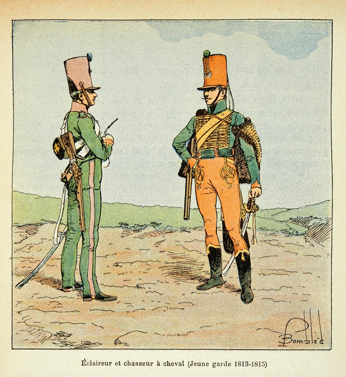 Ilustração de Bombled Louis (1862-1927) do livro "O Memorial de Santa Helena" do Conde Emmanuel de Las Cases (1766-1842): Armee Francaise: Escoteiro e caçador da jovem guarda 1813 - 1815, Coleção particular de Louis Charles Bombled