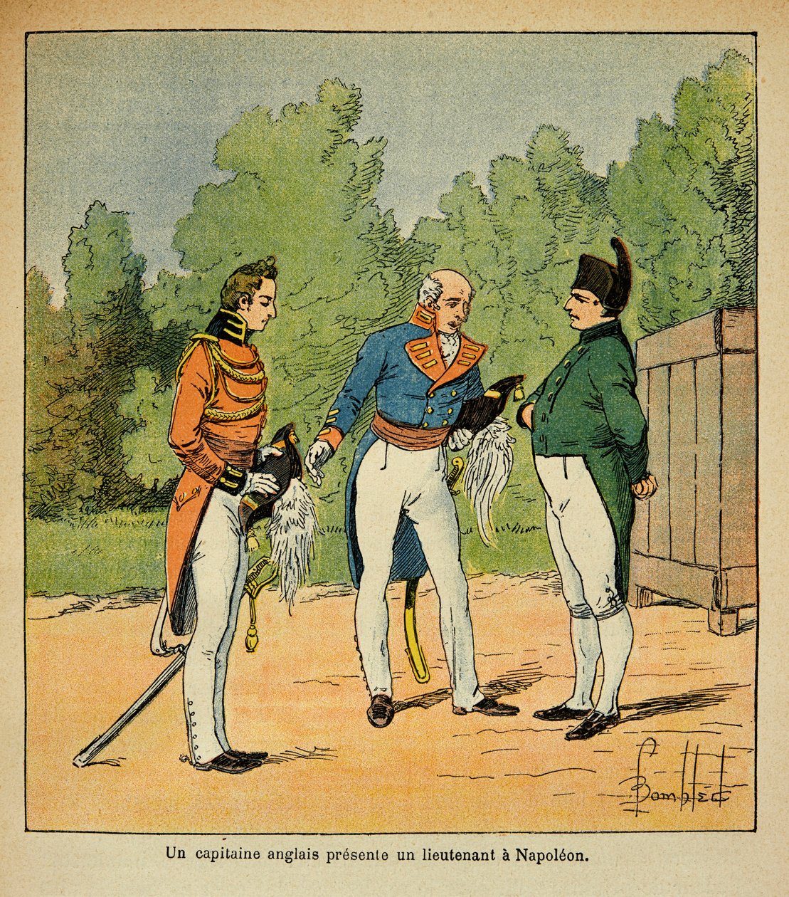 Ilustração de Bombled Louis (1862-1927) do livro "O Memorial de Santa Helena" do Conde Emmanuel de Las Cases (1766-1842): A Santa Helena, capitã inglesa presente ao imperador Napoleão um tenente, Coleção Particular de Louis Charles Bombled