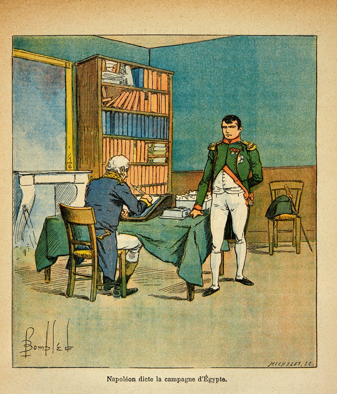Ilustração de Bombled Louis (1862-1927) do livro "O Memorial de Santa Helena" do Conde Emmanuel de Las Cases (1766-1842): No exílio, o Imperador Napoleão dita seus memoriais ao grande marechal Henri Gatien Bertrand (1773-1844) sobre o golpe egípcio. de Louis Charles Bombled