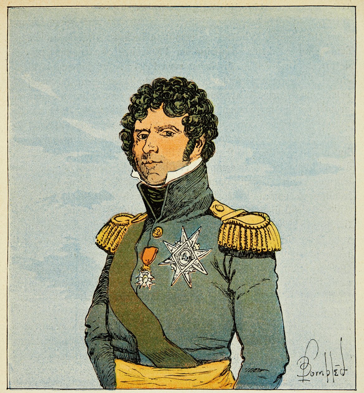 Ilustração de Bombled Louis (1862-1927) do livro "O Memorial de Santa Helena" do Conde Emmanuel de Las Cases (1766-1842): Retrato do marechal Jean Baptiste Bernadotte (1763-1844) conhecido como Sargento Belle Leg, Príncipe de Ponte Corvo, Rei de Sue de Louis Charles Bombled
