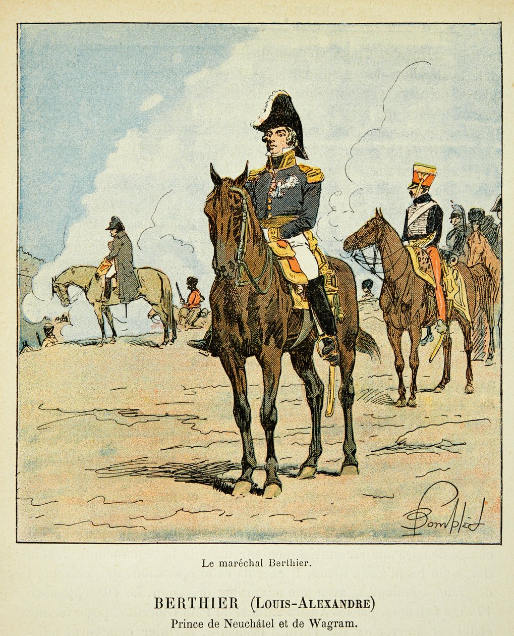 Ilustração de Bombled Louis (1862-1927) do livro "O Memorial de Santa Helena" do Conde Emmanuel de Las Cases (1766-1842): Retrato equestre do marechal Louis Alexandre Berthier (1753-1815), Príncipe de Neufchatel e de Wagram, Private Collect de Louis Charles Bombled