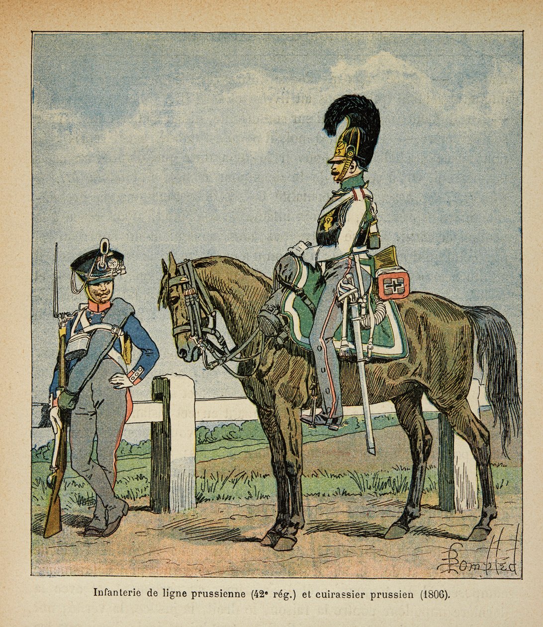 Ilustração de Bombled Louis (1862-1927) do livro "O Memorial de Santa Helena" do Conde Emmanuel de Las Cases (1766-1842): Infantaria da linha prussiana (42, regimento eme) e navios de guerra prussianos de Louis Charles Bombled