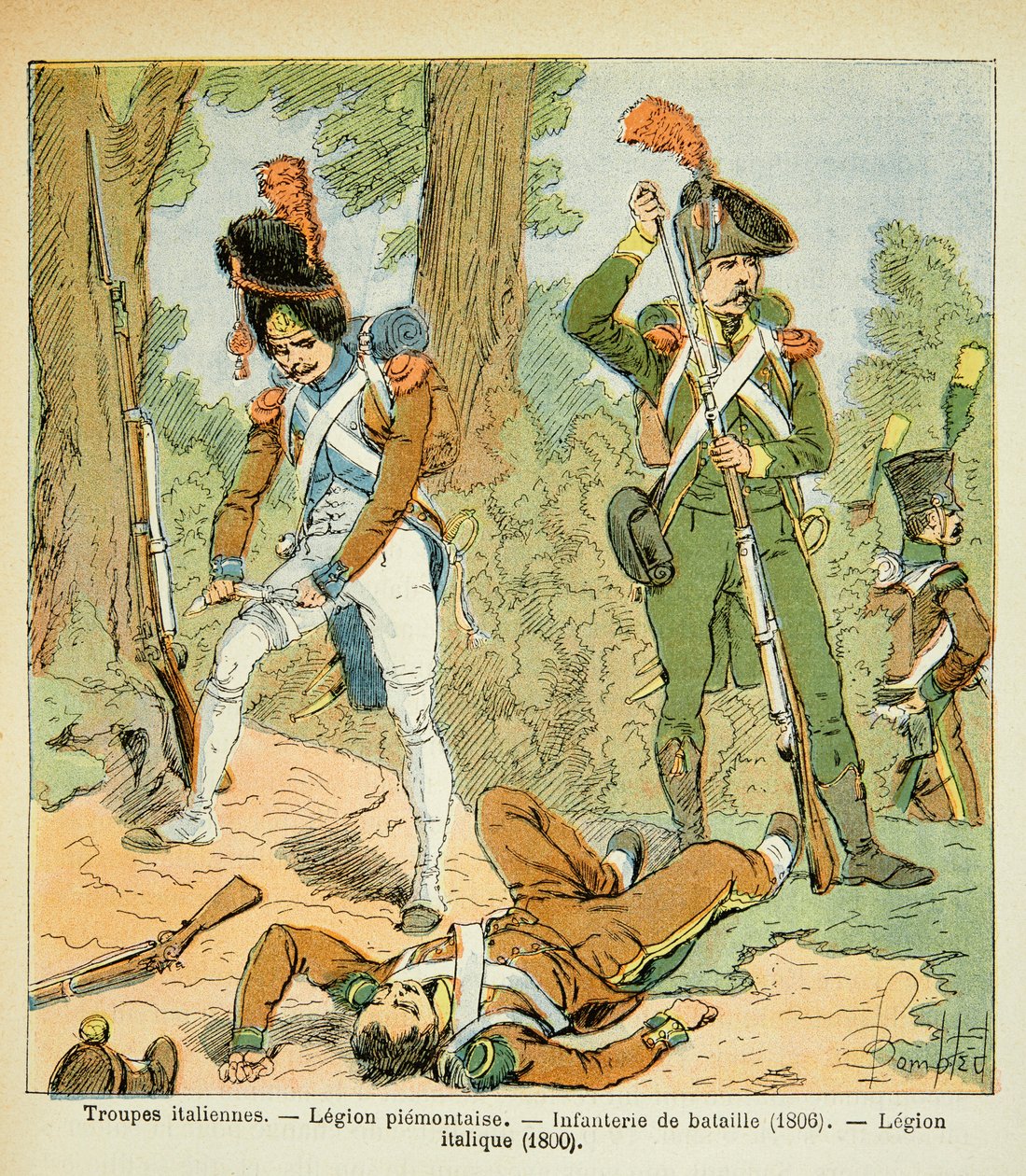 Ilustração de Bombled Louis (1862-1927) do livro "O Memorial de Santa Helena" do Conde Emmanuel de Las Cases (1766-1842): Tropas Italianas, Legião Piemontaise: Infantaria de Batalha (1806, Legião Itálica (1800), Coleção Privada de Louis Charles Bombled