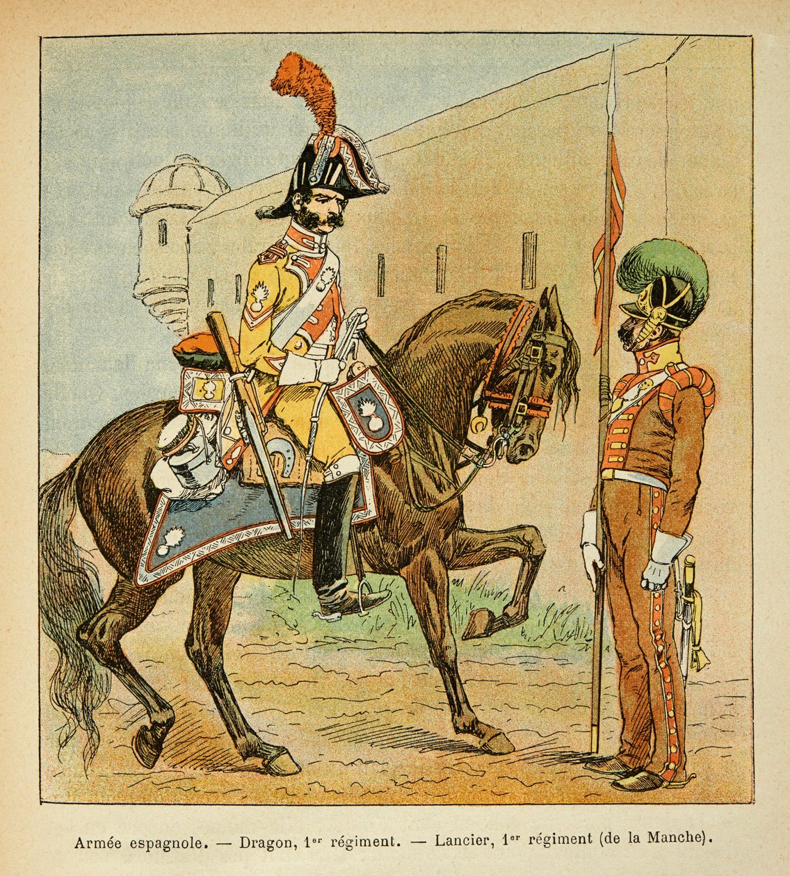 Ilustração de Bombled Louis (1862-1927) do livro "O Memorial de Santa Helena" do Conde Emmanuel de Las Cases (1766-1842): Arma espanhola: Dragão do 1º Regimento e Lancier do 1º Regimento do Canal, Coleção Particular de Louis Charles Bombled
