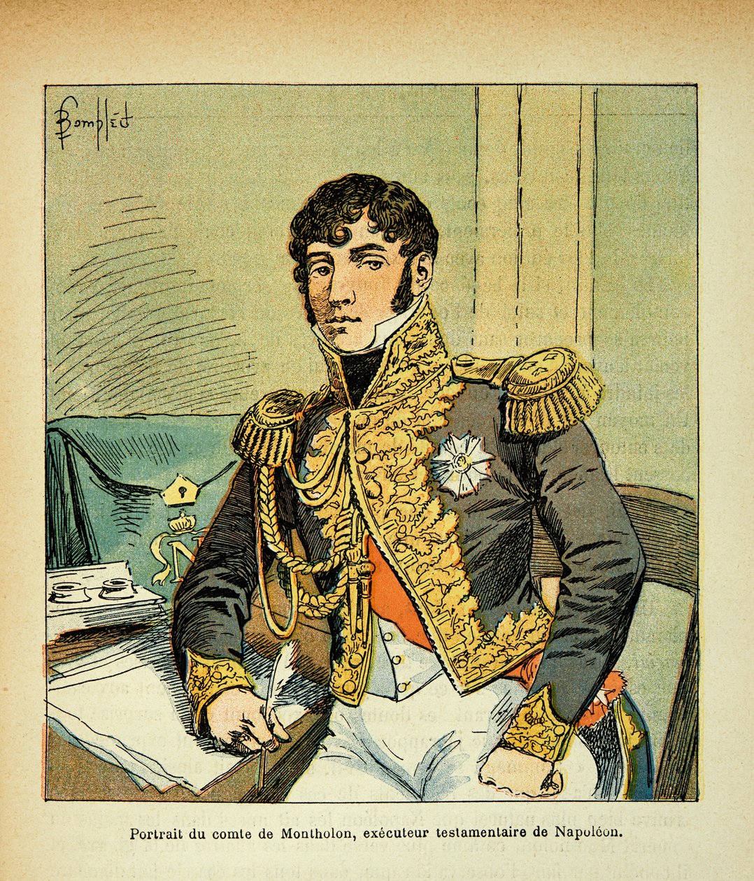 Ilustração de Bombled Louis (1862-1927) do livro "O Memorial de Santa Helena" do Conde Emmanuel de Las Cases (1766-1842): Retrato do Conde Charles Tristan de Montholon (1783-1853), executor do Imperador Napoleão, Coleção Particular de Louis Charles Bombled