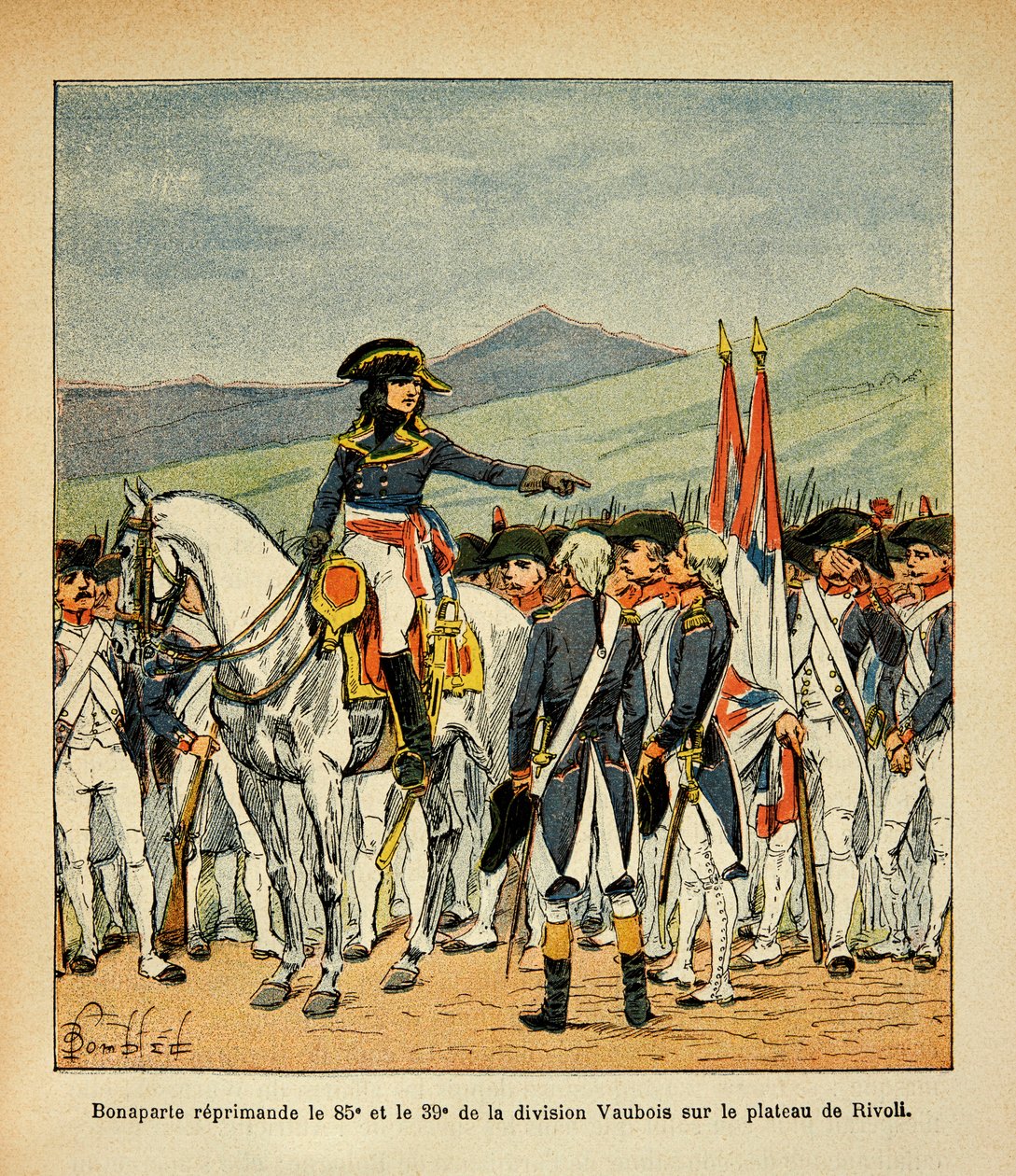 Ilustração de Bombled Louis (1862-1927) do livro "O Memorial de Santa Helena" do Conde Emmanuel de Las Cases (1766-1842): Bonaparte repreende o regimento 85 e 39 de Vaubois no planalto de Rivoli, Coleção Particular de Louis Charles Bombled