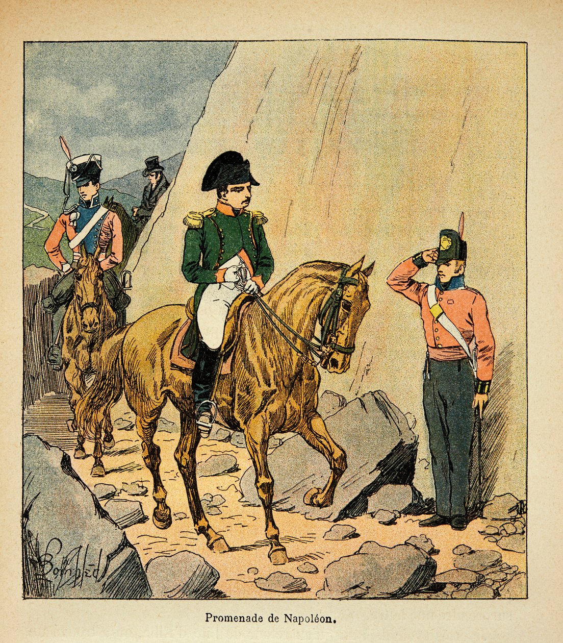 Ilustração de Bombled Louis (1862-1927) do livro "O Memorial de Santa Helena" do Conde Emmanuel de Las Cases (1766-1842): Promenade do Imperador Napoleão a Santa Helena, Coleção Particular de Louis Charles Bombled