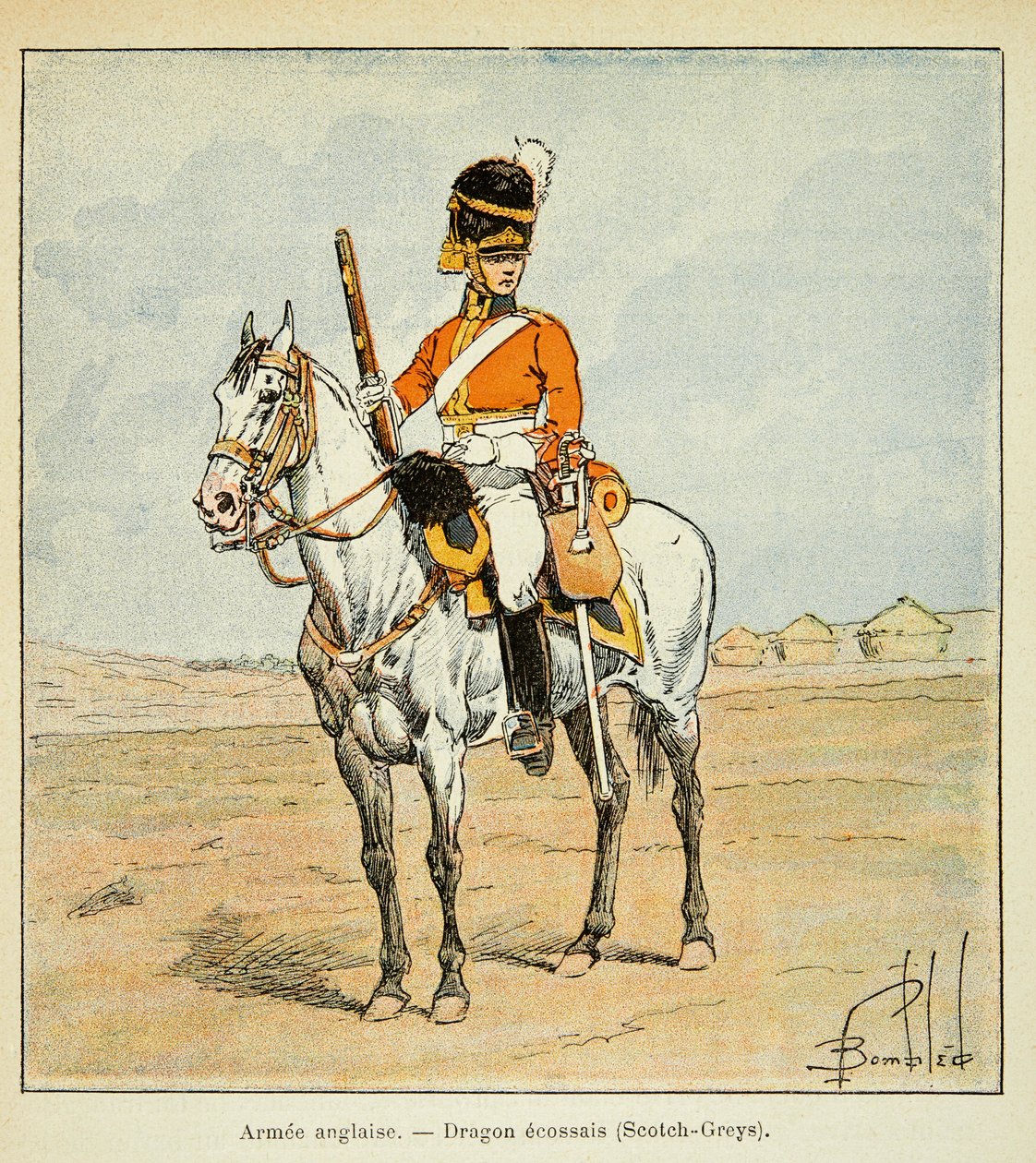 Ilustração de Bombled Louis (1862-1927) do livro "O Memorial de Santa Helena" do Conde Emmanuel de Las Cases (1766-1842): English Armee: Scottish Dragons (scotch greys), Coleção Particular de Louis Charles Bombled