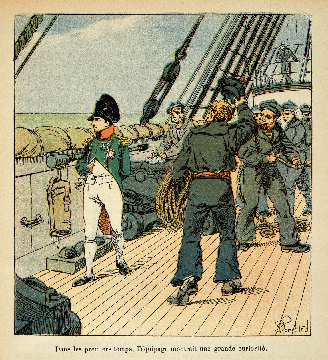 Ilustração de Bombled Louis (1862-1927) do livro "O Memorial de Santa Helena" do Conde Emmanuel de Las Cases (1766-1842): Napoleão a caminho de Santa Helena a bordo do Northumberland atrai a simpatia da tripulação, Coleção Privada de Louis Charles Bombled