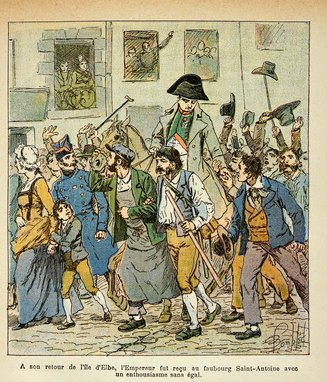Ilustração de Bombled Louis (1862-1927) do livro "O Memorial de Santa Helena" do Conde Emmanuel de Las Cases (1766-1842): No seu regresso de Elba, o Imperador foi recebido no faubourg Saint Antoine com um entusiasmo inigualável, Particular Collec de Louis Charles Bombled