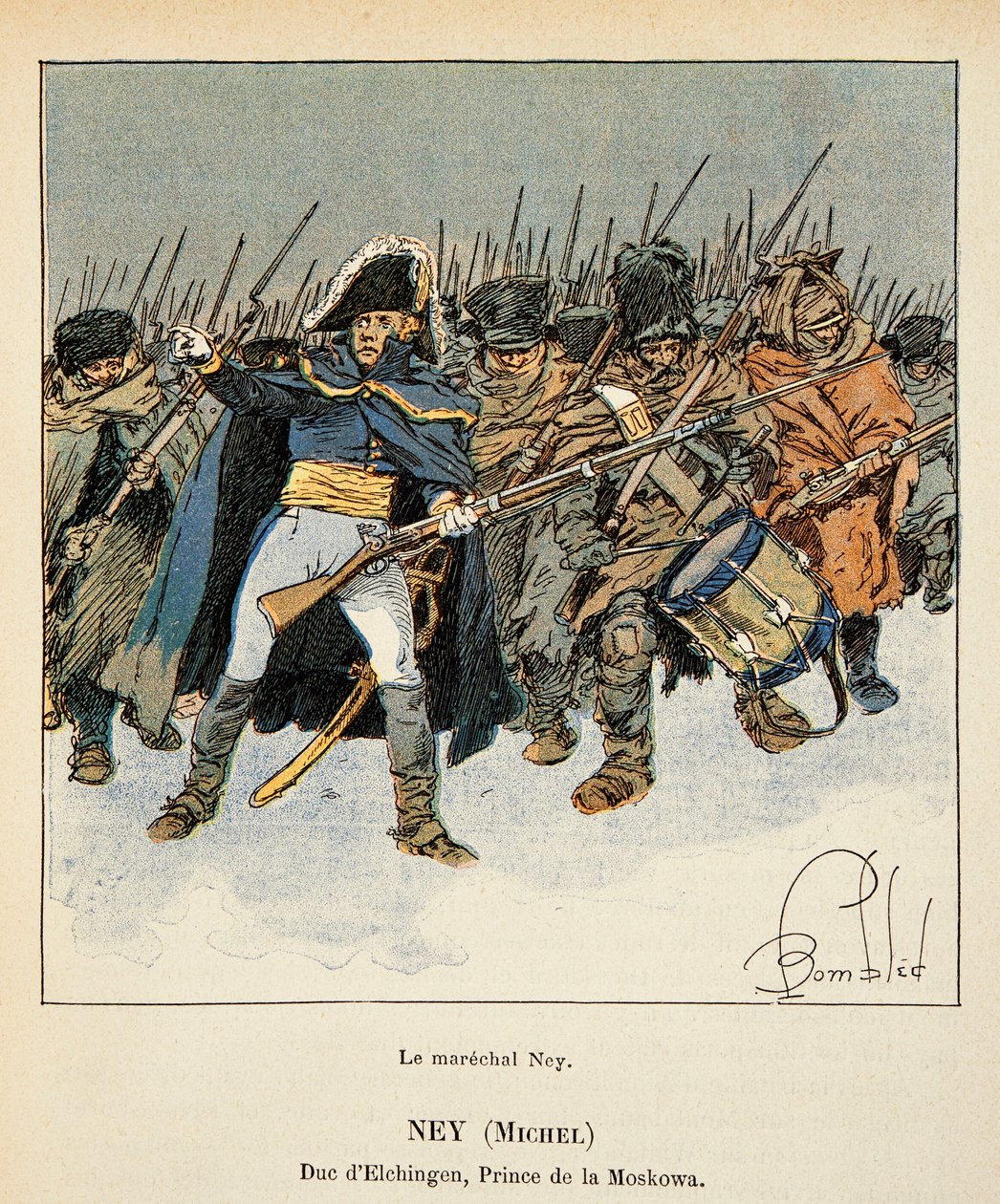 Ilustração de Bombled Louis (1862-1927) do livro "The Memorial of St. Helene" do Conde Emmanuel de Las Cases (1766-1842): Retrato de Marechal Michel Ney (1769-1815), Duque de Elchingen, Príncipe de Moskova, durante o retiro da Rússia, Coleção Privada de Louis Charles Bombled