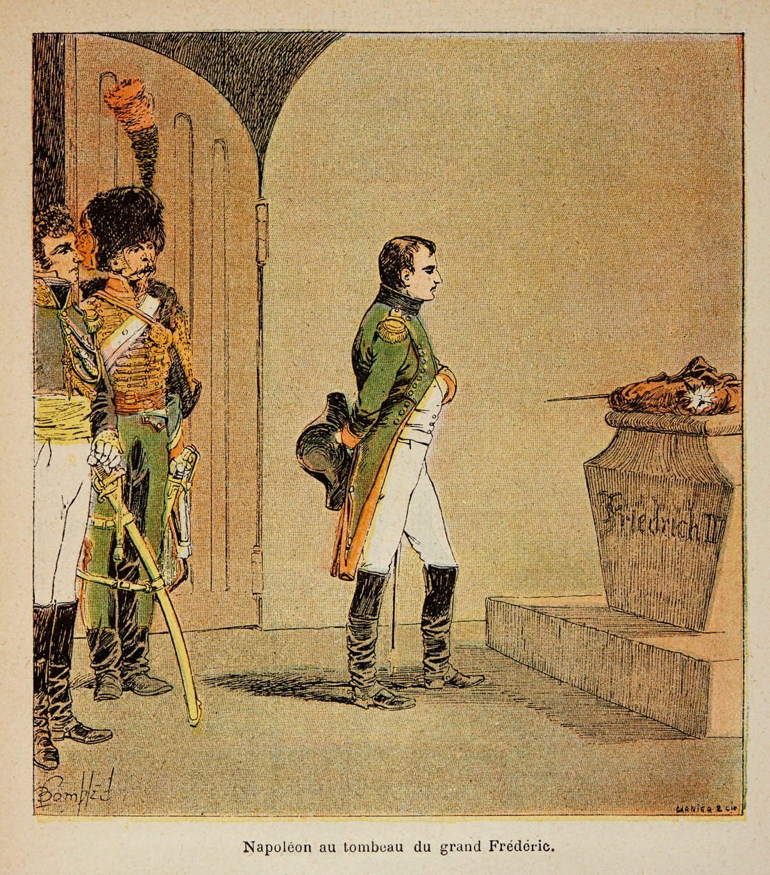 Ilustração de Bombled Louis (1862-1927) do livro "The Memorial of St. Helene" do Conde Emmanuel de Las Cases (1766-1842): Napoleão meditando no caixão de Frederic II da Prússia, na cripta de GarnisonKirche, em Potsdam, em 1806, Coleção Privada de Louis Charles Bombled