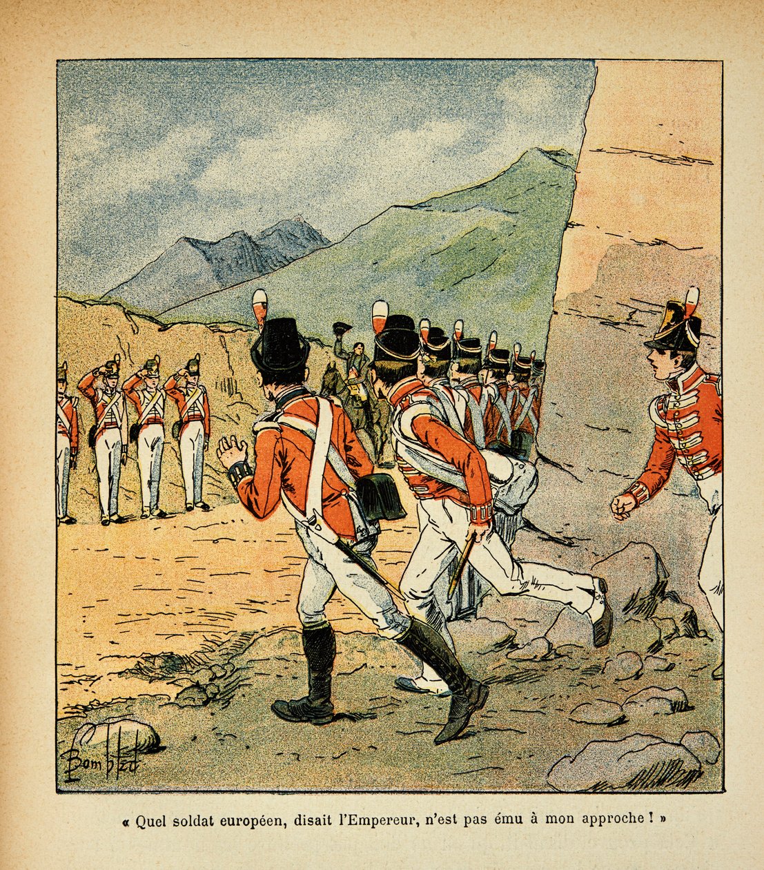Ilustração de Bombled Louis (1862-1927) do livro "The Memorial of St. Helene" do Conde Emmanuel de Las Cases (1766-1842): O Imperador Napoleão cumprimenta junto à guarnição de Santa Helena, Coleção Particular de Louis Charles Bombled