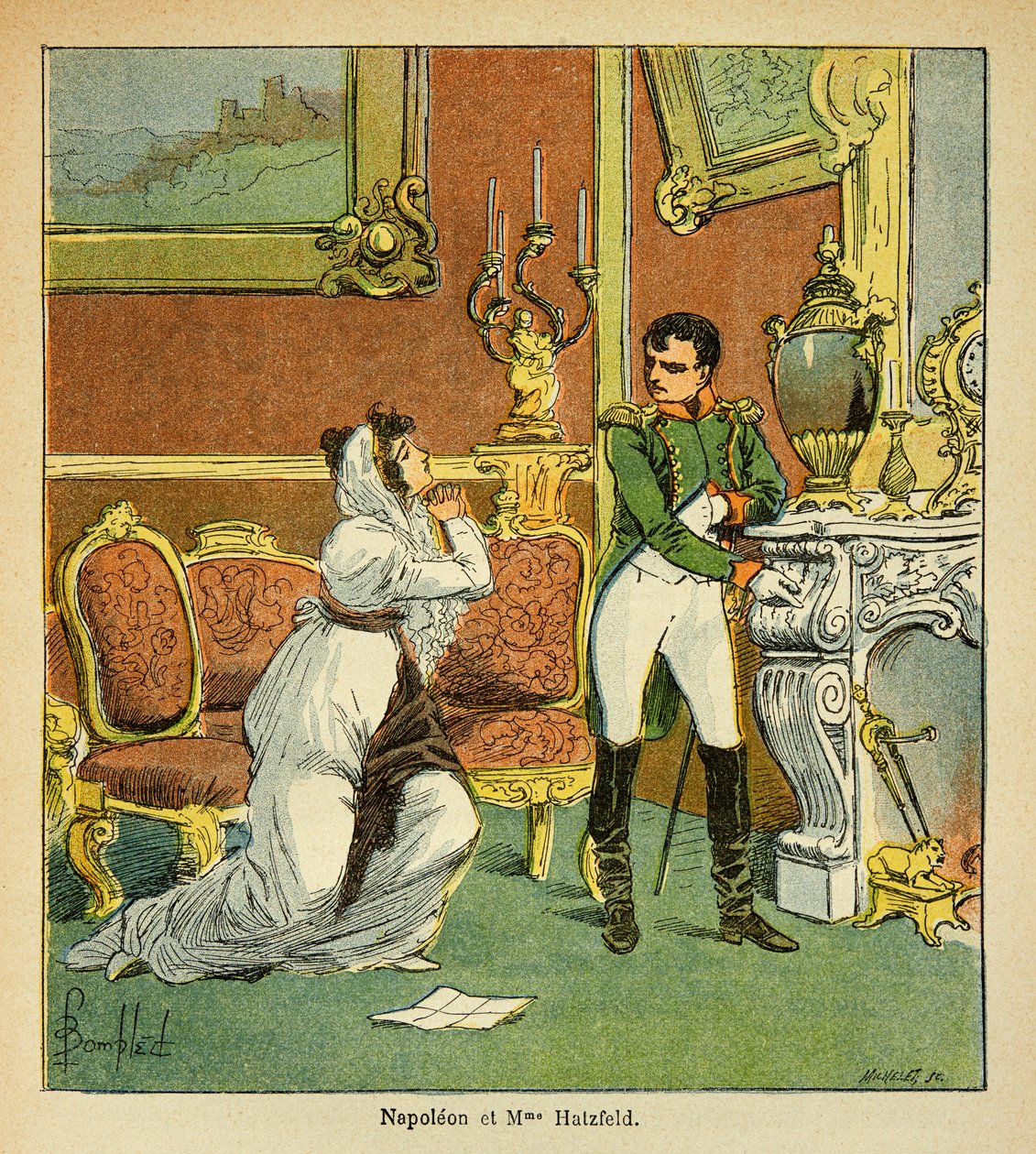 Ilustração de Bombled Louis (1862-1927) do livro "The Memorial of St. Helene" do Conde Emmanuel de Las Cases (1766-1842): Clemência do Imperador Napoleão para com a Princesa de Hatzfeld, que pede a graça do seu marido, Coleção Privada de Louis Charles Bombled