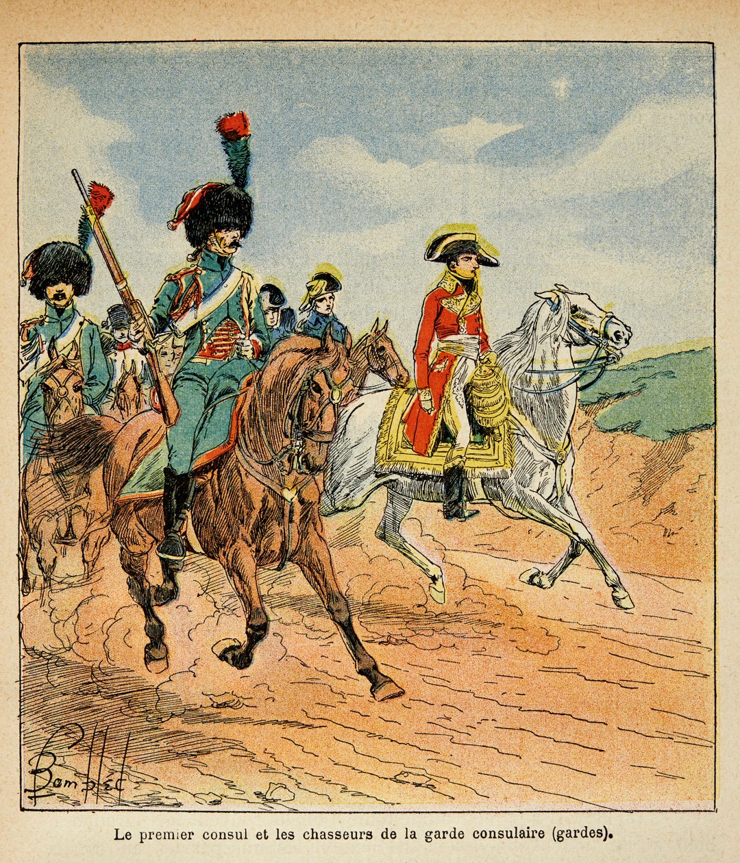 Ilustração de Bombled Louis (1862-1927) do livro "The Memorial se Sainte Helene" do Conde Emmanuel de Las Cases (1766-1842): O Primeiro Cônsul e Caçadores da Guarda Consular, Coleção Particular de Louis Charles Bombled