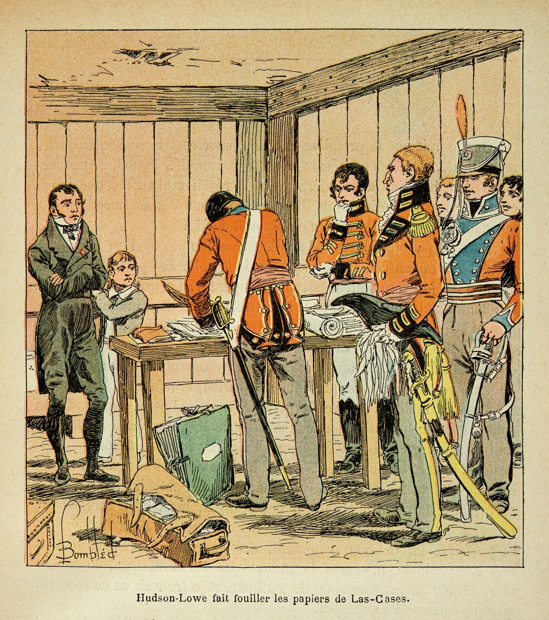 Ilustração de Bombled Louis (1862-1927) do livro "The memorial se Sainte Helene" do Conde Emmanuel de Las Cases (1766-1842): Hudson Lowe (1769-1844) faz os papéis de Las Cases pesquisados, Coleção Privada de Louis Charles Bombled