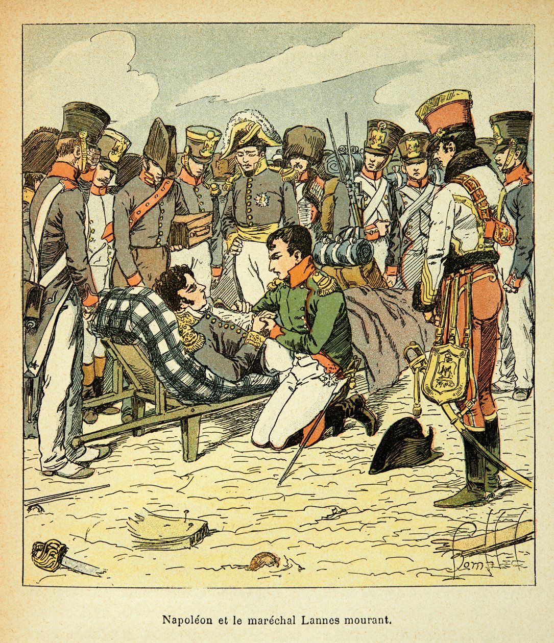 Ilustração de Bombled Louis (1862-1927) do livro "The memorial se Sainte Helene" do Conde Emmanuel de Las Cases (1766-1842): Morte de Marechal Jean Lannes (1769-1809), O Imperador Napoleão tem os seus Cotes, Coleção Privada de Louis Charles Bombled