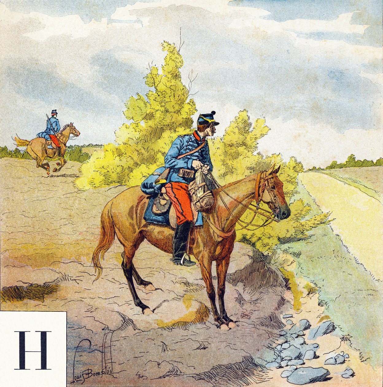 Letra H: Hussardos, "Je serai soldat"( Serei um soldado) - Alfabeto Militar de Louis Charles Bombled