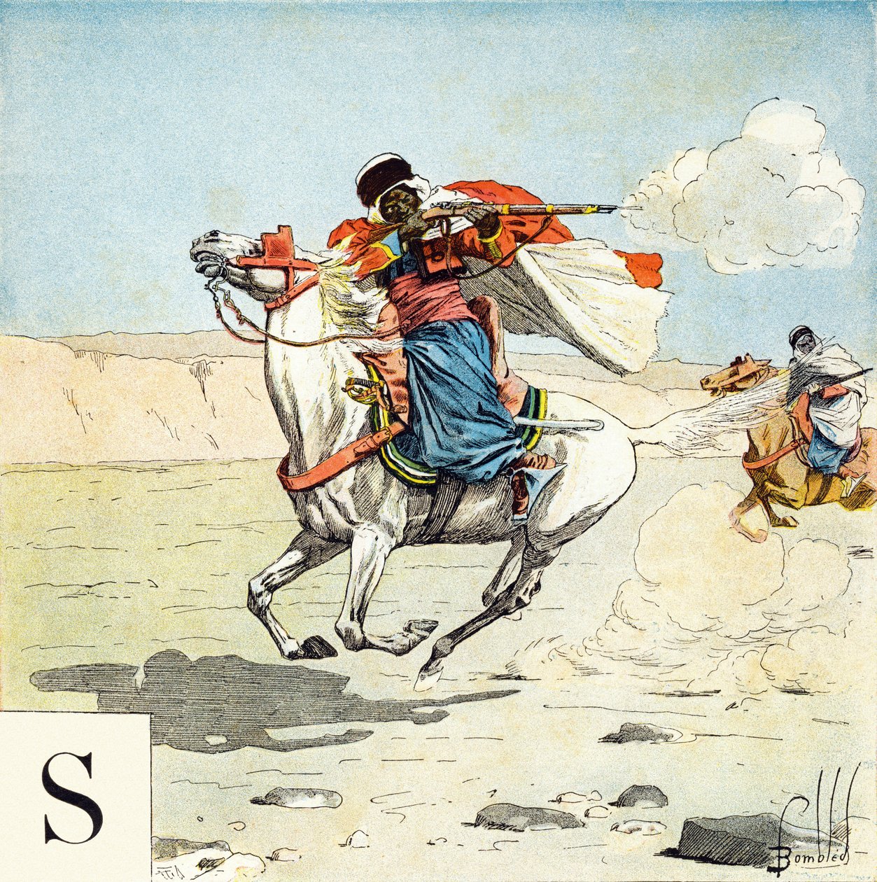 Letra S: Spahis, "Je serai soldat"( Serei um soldado) - Alfabeto Militar de Louis Charles Bombled