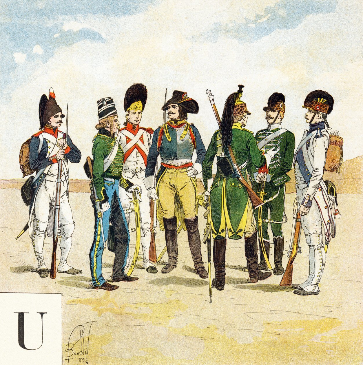 Carta U: Uniformes do exército francês, "Je serai soldat"( Serei um soldado) - Alfabeto Militar de Louis Charles Bombled