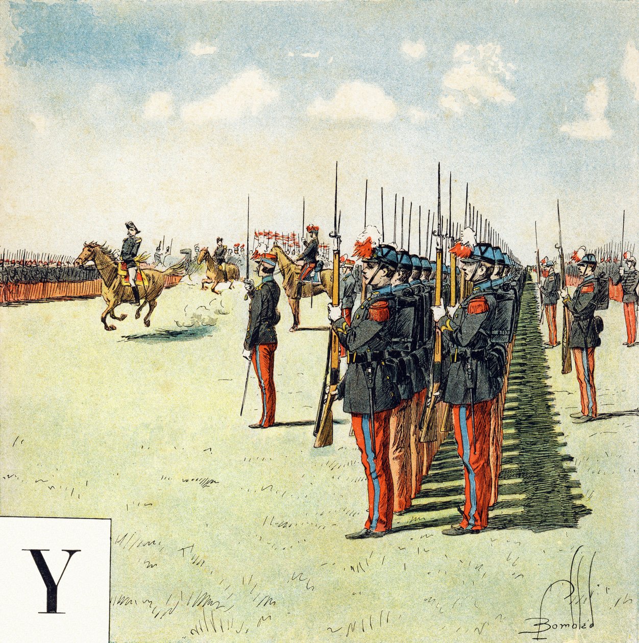 Carta Y: alunos da escola militar de Saint Cyr (Saint-Cyr), "Je serai soldat"( Serei um soldado) - Alfabeto militar de Louis Charles Bombled