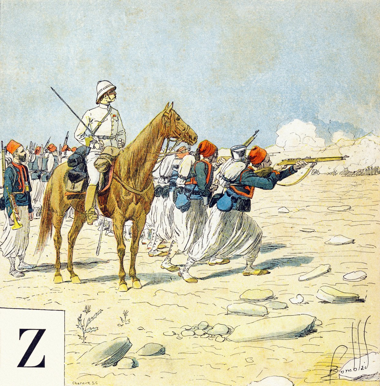 Letra Z: Zouaves, "Je serai soldat"( Serei um soldado) - Alfabeto Militar de Louis Charles Bombled