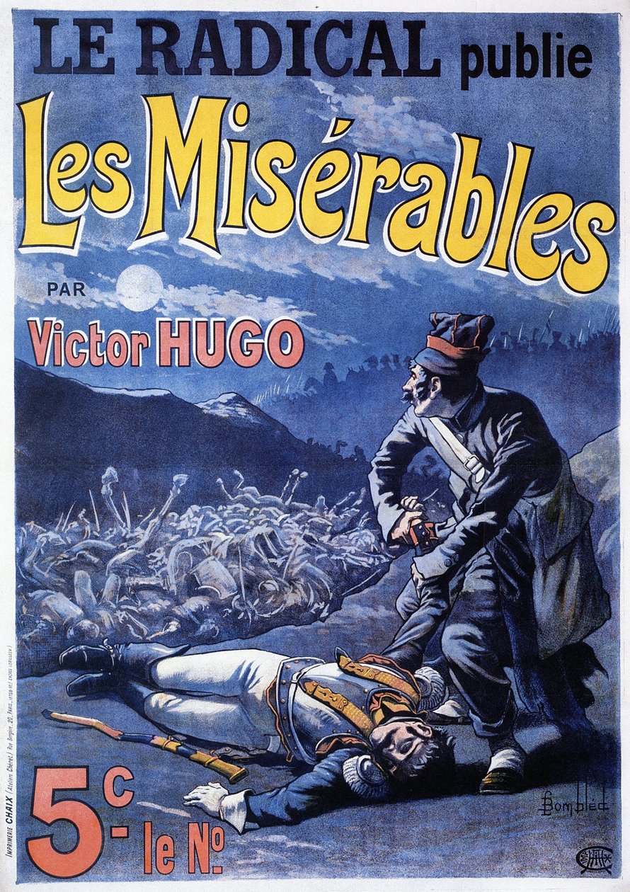 Cartaz anunciando a publicação do romance "Les miserables" de Victor Hugo (1802-1885) no jornal diário "Le radical", ilustração de L. Bombled de Louis Charles Bombled
